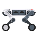 A DEEP Robotics Lynx M20 Pro, a white and gray wheeled-legged robot, shown from a side view. It features a robust design with visible wheels integrated into its articulated legs, indicating its hybrid locomotion capability for industrial inspection and navigating extreme environments. The robot is equipped with dual LiDAR sensors and has an IP66 rating for dust and water resistance.