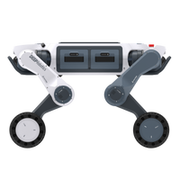 A DEEP Robotics Lynx M20 Pro, a white and gray wheeled-legged robot, shown from a side view. It features a robust design with visible wheels integrated into its articulated legs, indicating its hybrid locomotion capability for industrial inspection and navigating extreme environments. The robot is equipped with dual LiDAR sensors and has an IP66 rating for dust and water resistance.