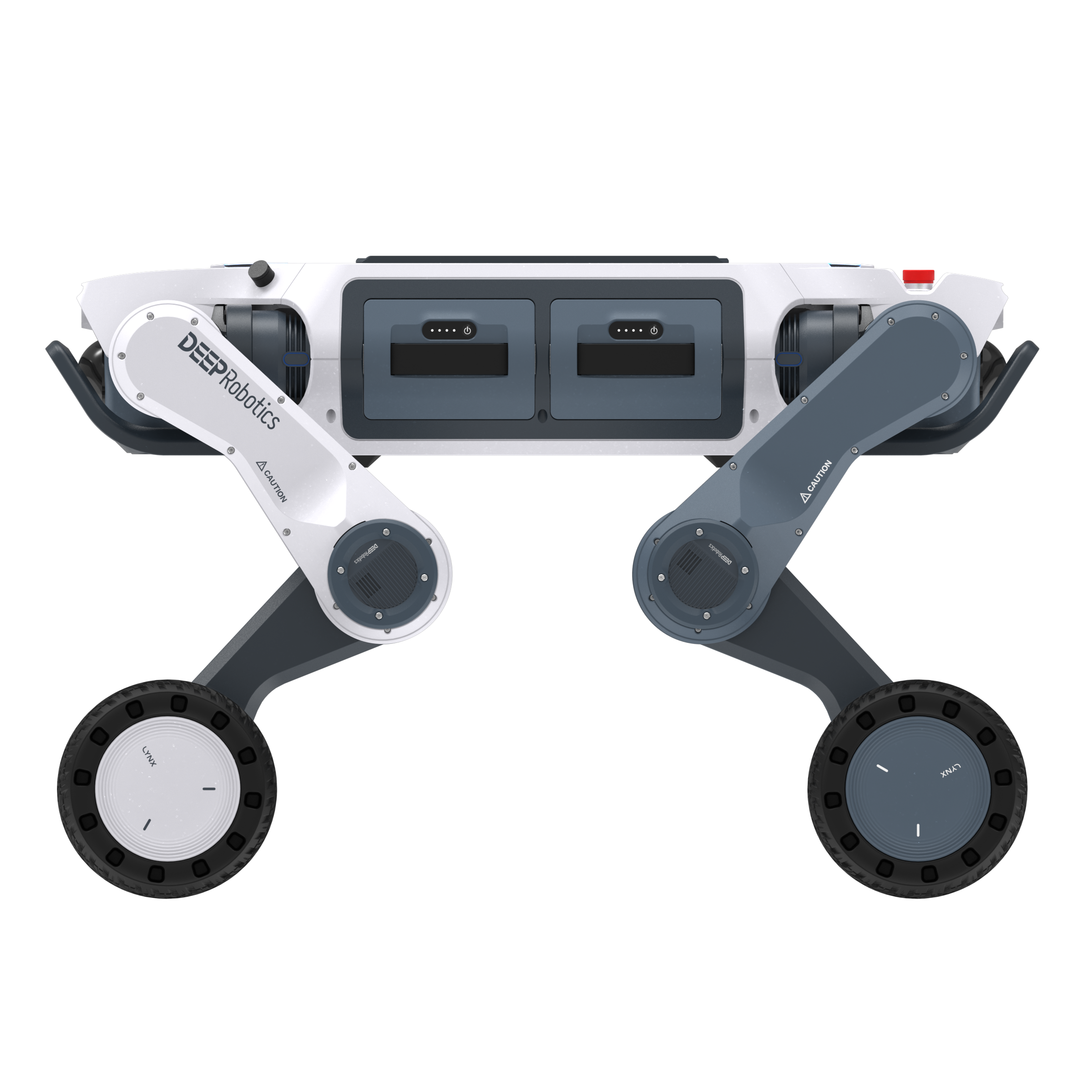 A DEEP Robotics Lynx M20 Pro, a white and gray wheeled-legged robot, shown from a side view. It features a robust design with visible wheels integrated into its articulated legs, indicating its hybrid locomotion capability for industrial inspection and navigating extreme environments. The robot is equipped with dual LiDAR sensors and has an IP66 rating for dust and water resistance.