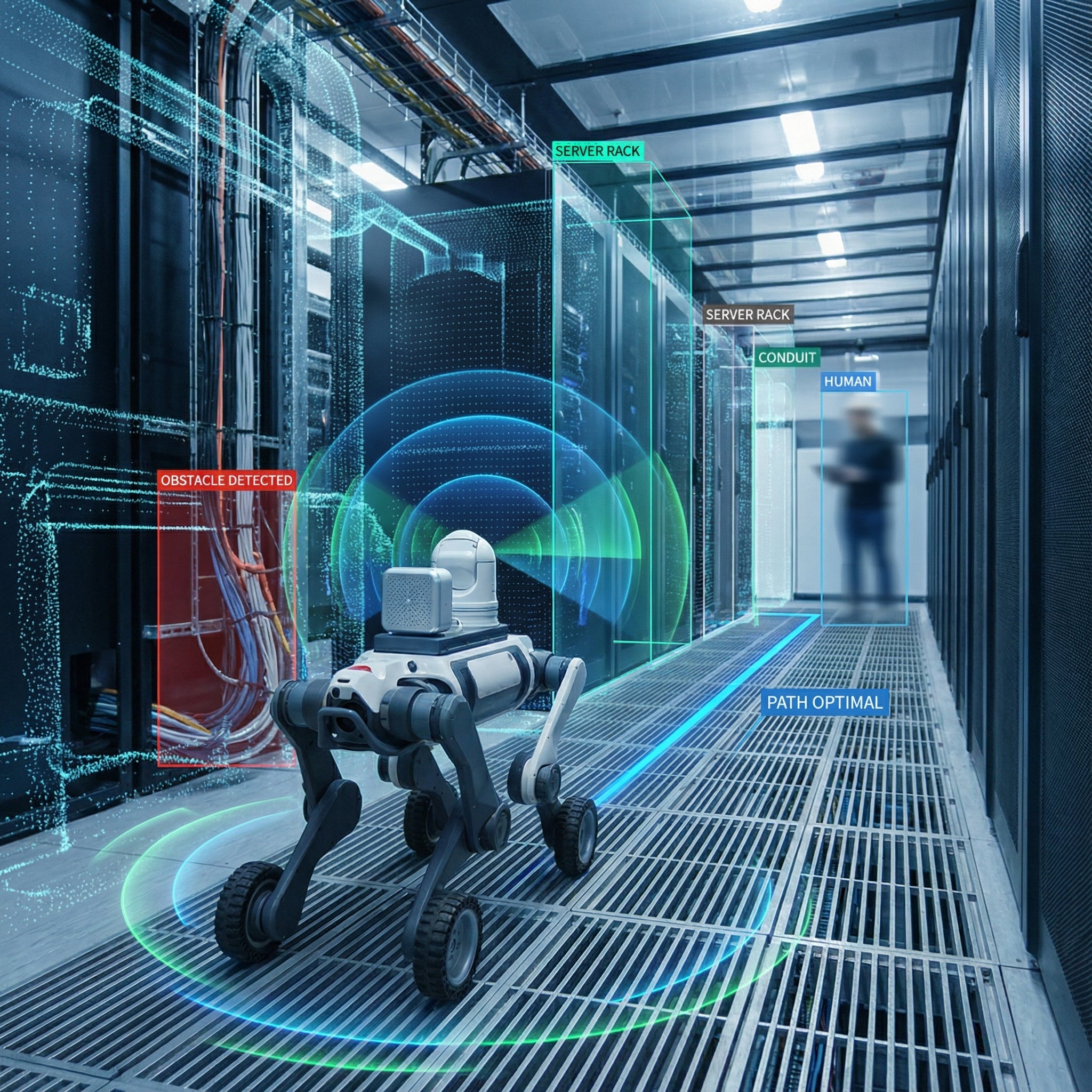 DEEP Robotics Lynx M20 Pro wheeled-legged robot autonomously inspecting a data center aisle, utilizing LiDAR and AI for real-time obstacle detection and optimal path planning around server racks and a human. This industrial robot demonstrates advanced navigation and monitoring capabilities in critical infrastructure environments.