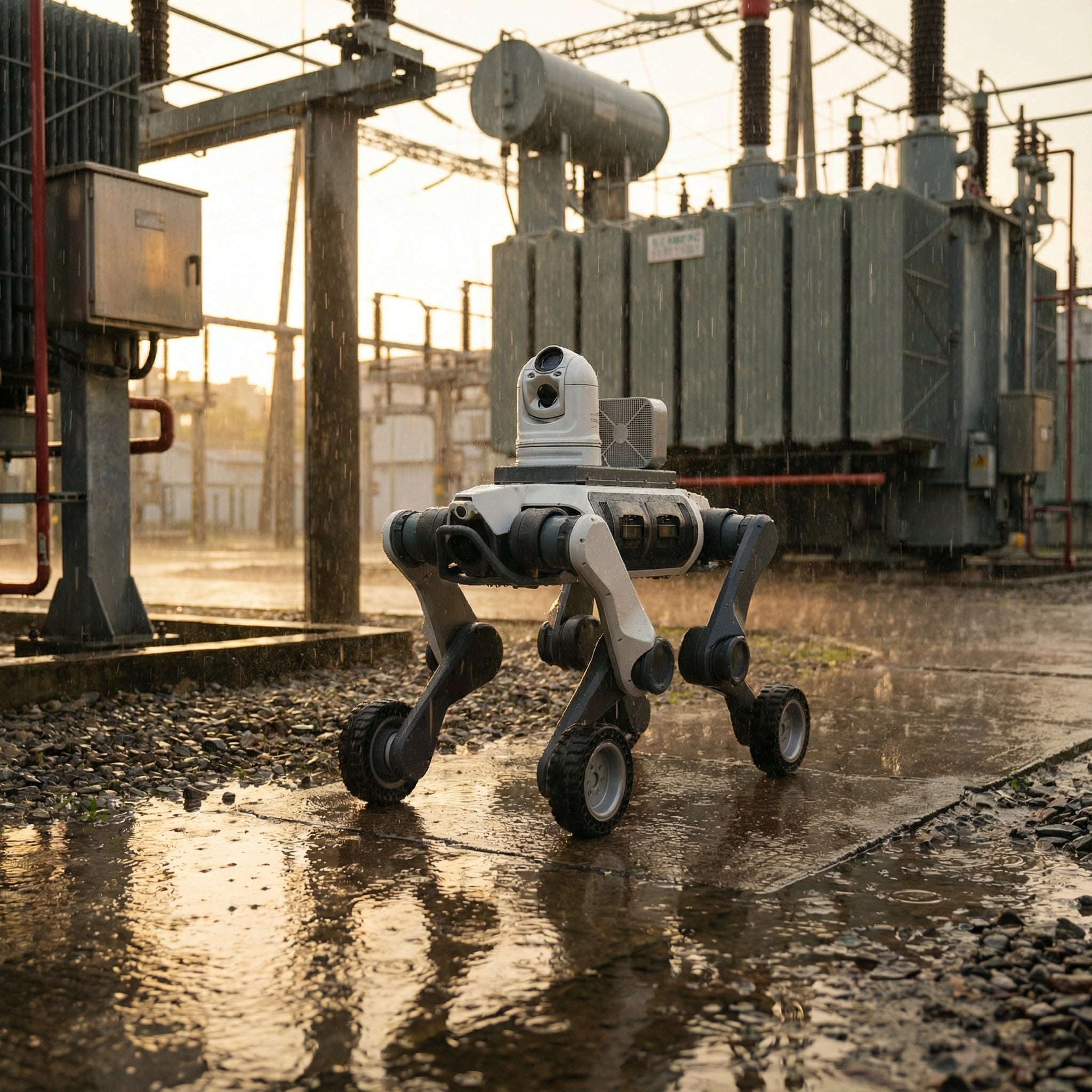 A DEEP Robotics Lynx M20 Pro wheeled-legged robot, equipped with LiDAR and wide-angle cameras, performing an autonomous industrial inspection in a wet power substation during rainfall. The robot's IP66 water-resistant design and hybrid wheeled-legged mobility demonstrate its all-terrain capability for hazardous environments and all-weather operation.