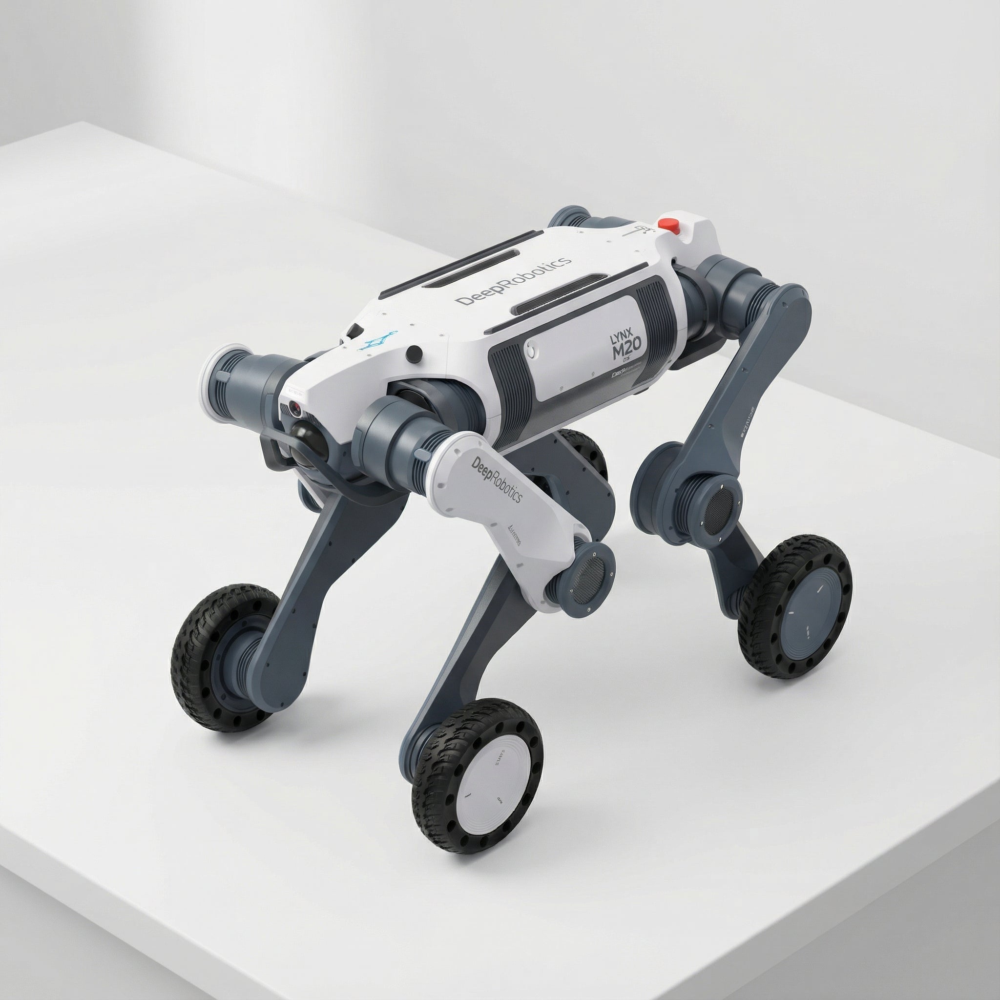 A white and grey DEEP Robotics Lynx M20 wheeled-legged robot with four articulated legs and wheels, designed for industrial inspection and emergency response in challenging, all-terrain environments. The robot features advanced autonomous navigation, LiDAR, and an IP66 rating for dust and water resistance, demonstrating its capability for robust operation in hazardous conditions.