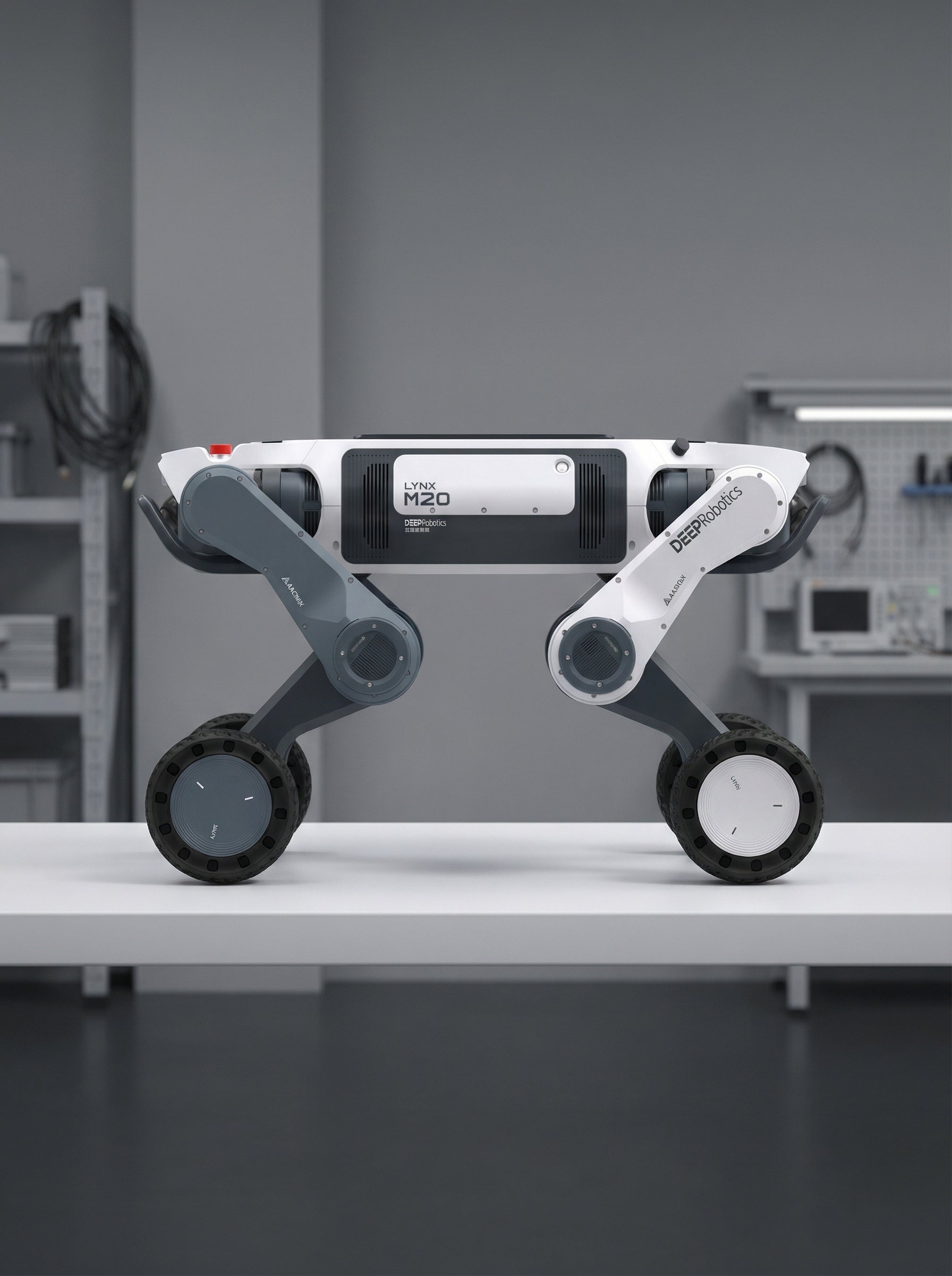 A DEEP Robotics LYNX M20 wheeled-legged robot, white and dark gray, stands on a clean white surface in a laboratory or workshop setting. The robot is designed for autonomous industrial inspection and emergency response in challenging environments, featuring advanced LiDAR for 3D mapping and omnidirectional obstacle avoidance, with an IP66 rating for all-weather operation.