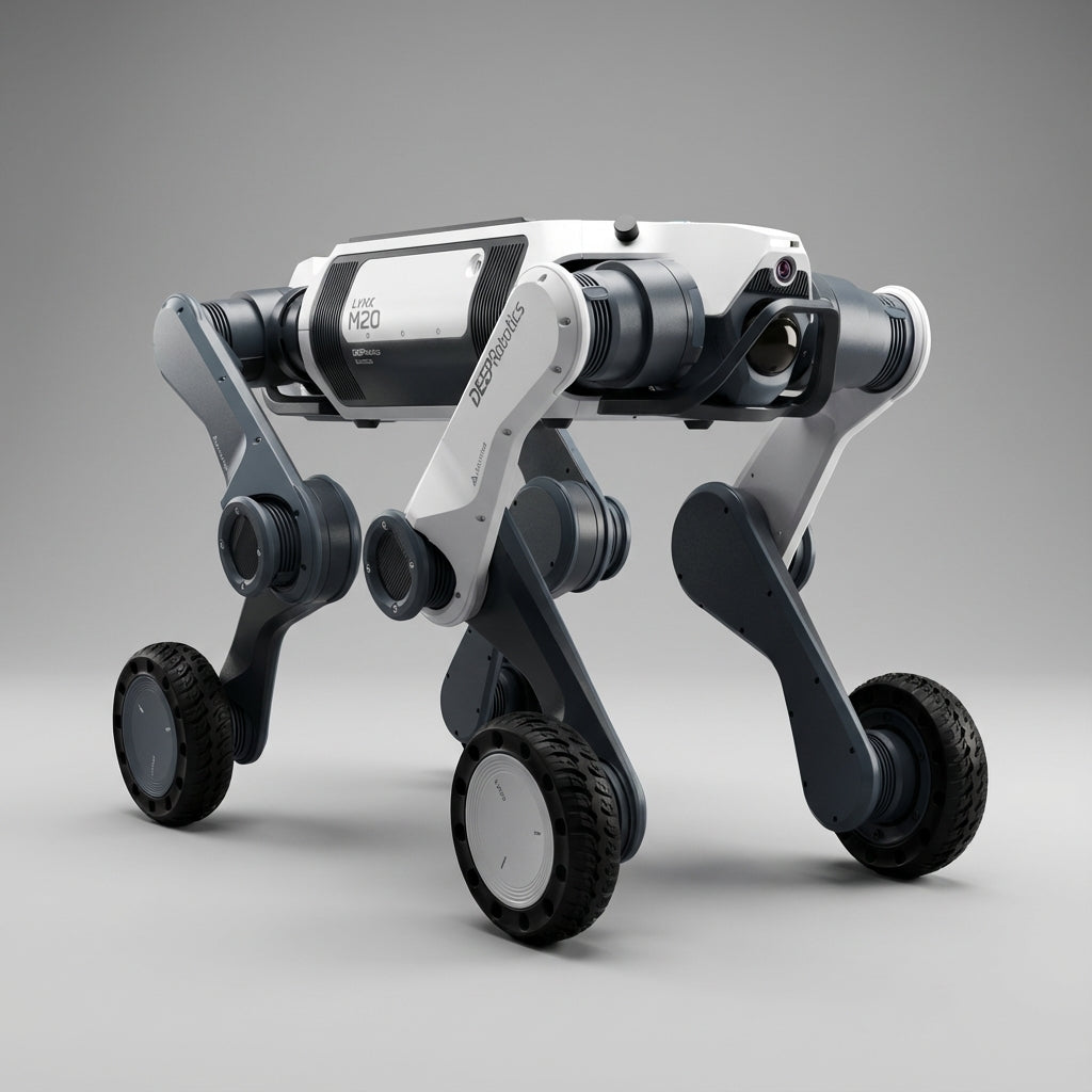 DEEP Robotics LYNX M20 wheeled-legged robot showcased in a professional commercial product shot against a minimalist grey background, highlighting its hybrid locomotion, robust design, and integrated optical sensors for advanced industrial applications.