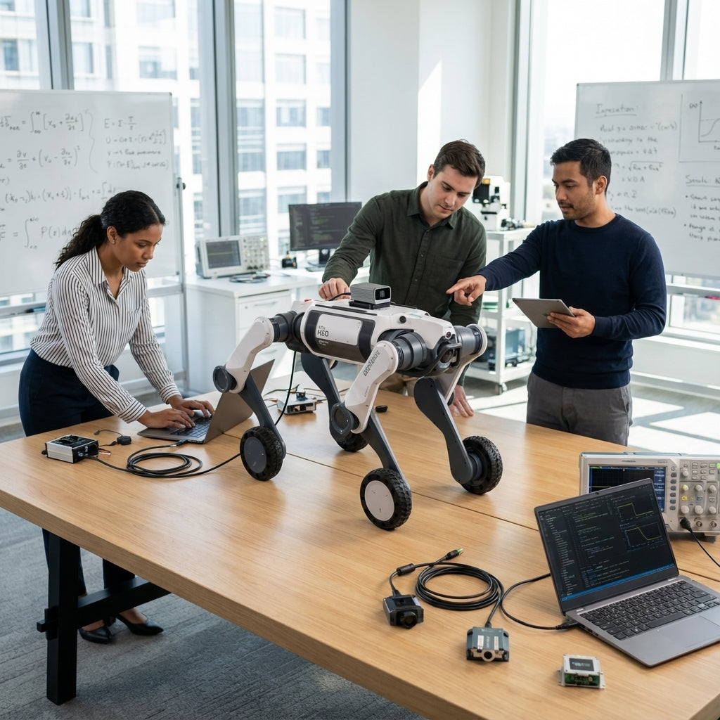 DEEP Robotics Lynx M20 wheeled quadruped robot on a wooden table, being configured by a team of developers and researchers in a bright, modern lab environment, demonstrating its open platform capabilities for advanced robotics research and secondary development.