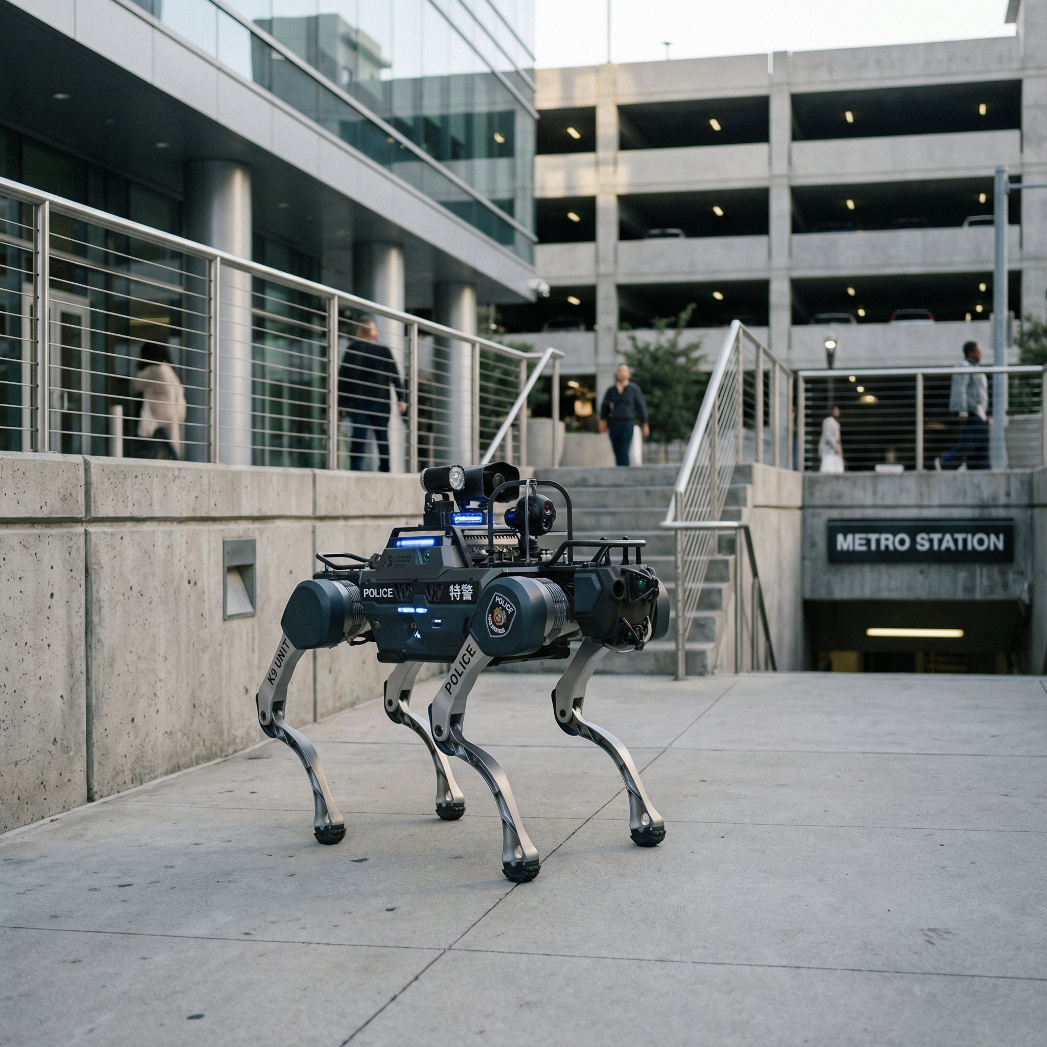A DEEP Robotics X30 Pro quadruped robot, marked as a 'POLICE K9 UNIT', stands on a paved area near a metro station entrance. The robot, equipped with cameras, sensors, and blue lights, is designed for advanced surveillance, inspection, and security operations in complex urban and hazardous environments, featuring IP67 protection and all-terrain mobility for law enforcement applications.