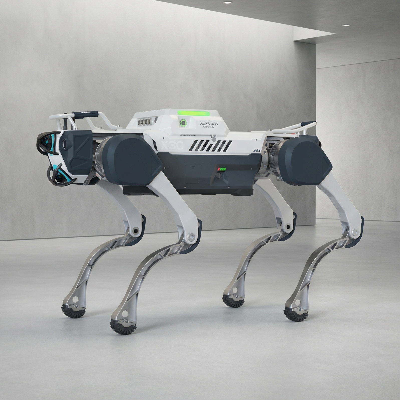 A DEEP Robotics X30 Pro quadruped industrial robot, designed for autonomous inspection and surveillance in complex and hazardous environments. It features advanced multi-sensor fusion mapping with LiDAR and RTK, IP67 protection, and all-terrain mobility for navigating stairs and uneven surfaces.