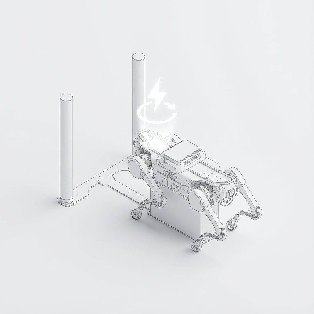 A DEEP Robotics X30 Pro quadruped robot autonomously docking at its charging station. The industrial robot is positioned between two vertical posts, with a glowing lightning bolt and circular arrow icon above it, indicating power replenishment. This integrated auto-charging system ensures reliable operation in harsh industrial environments, including those with dust, grime, and extreme temperatures, supported by its IP67 protection rating.