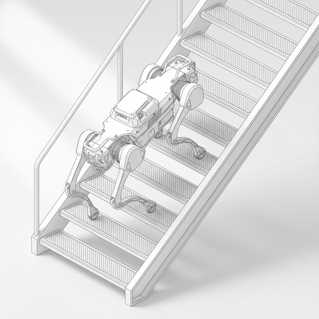 DEEP Robotics X30 Pro quadruped robot autonomously climbing open-riser industrial stairs, demonstrating its advanced mobility, fusion perception, and stability for inspection in challenging and hazardous environments.