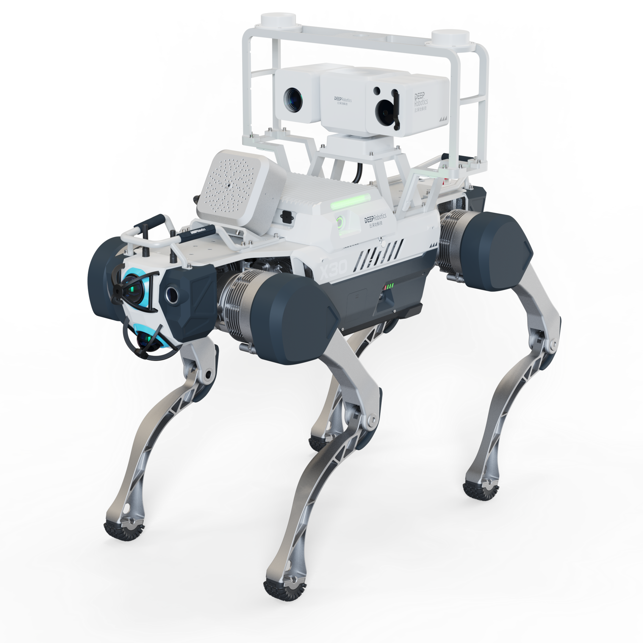 A white and grey DEEP Robotics X30 Pro quadruped robot, configured for industrial inspection, equipped with advanced sensors like cameras and LiDAR for autonomous navigation and monitoring in complex and hazardous environments.