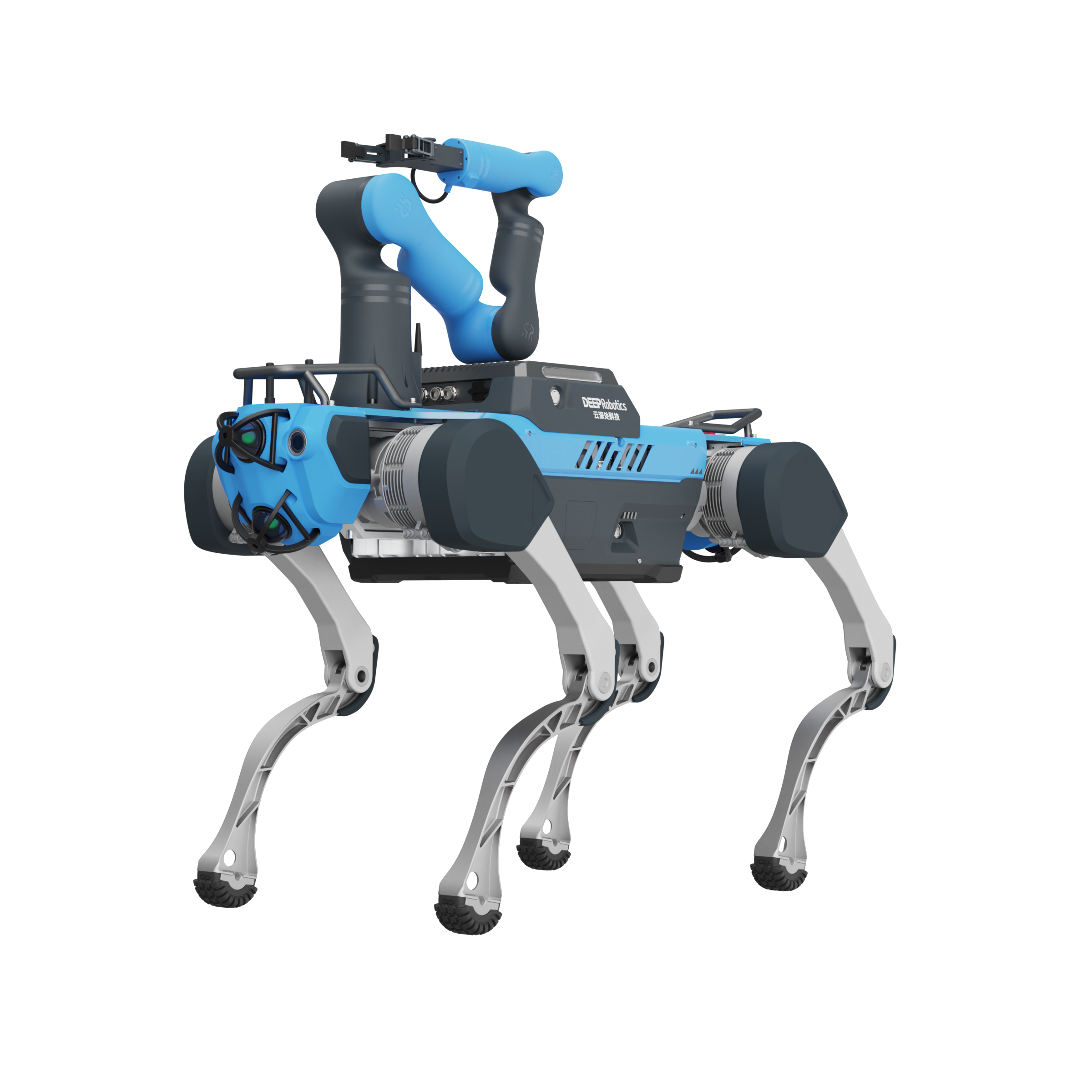 A blue DEEP Robotics X30 Pro quadruped robot, configured for education and research, stands on a black background. It features advanced sensors like cameras and is designed for autonomous navigation and traversing complex terrains, ideal for teaching robotics fundamentals and developing locomotion algorithms.