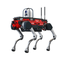 A red DEEP Robotics X30 Pro quadruped robot, designed for emergency response and search and rescue missions, stands ready. This rugged industrial robot is equipped with advanced sensors like LiDAR and cameras, and antennas for communication, featuring IP67 protection for all-terrain, autonomous navigation in hazardous environments, providing critical situational awareness and aiding in disaster relief.