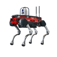 A red DEEP Robotics X30 Pro quadruped robot, designed for emergency response and search and rescue missions, stands ready. This rugged industrial robot is equipped with advanced sensors like LiDAR and cameras, and antennas for communication, featuring IP67 protection for all-terrain, autonomous navigation in hazardous environments, providing critical situational awareness and aiding in disaster relief.