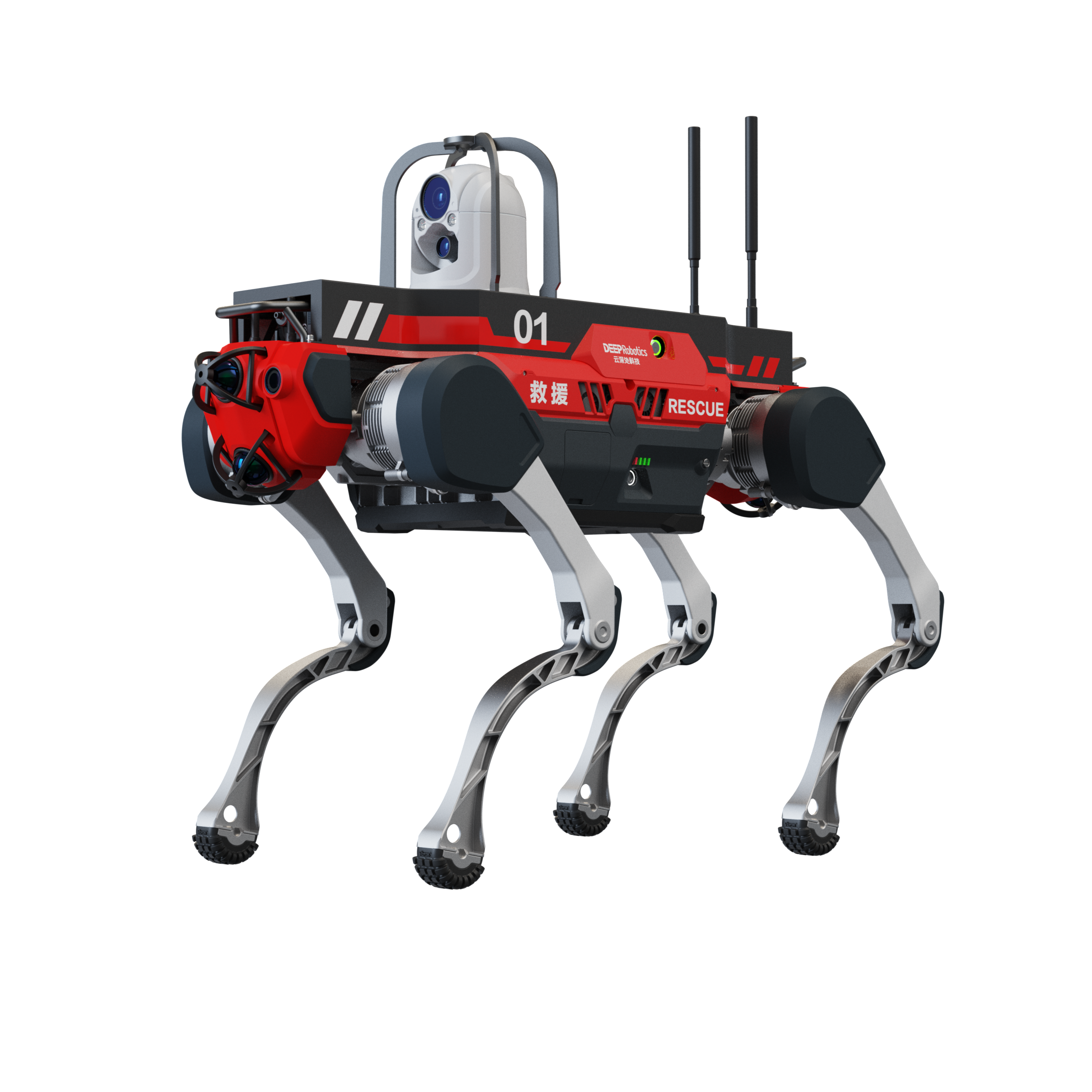 A red DEEP Robotics X30 Pro quadruped robot, designed for emergency response and search and rescue missions, stands ready. This rugged industrial robot is equipped with advanced sensors like LiDAR and cameras, and antennas for communication, featuring IP67 protection for all-terrain, autonomous navigation in hazardous environments, providing critical situational awareness and aiding in disaster relief.