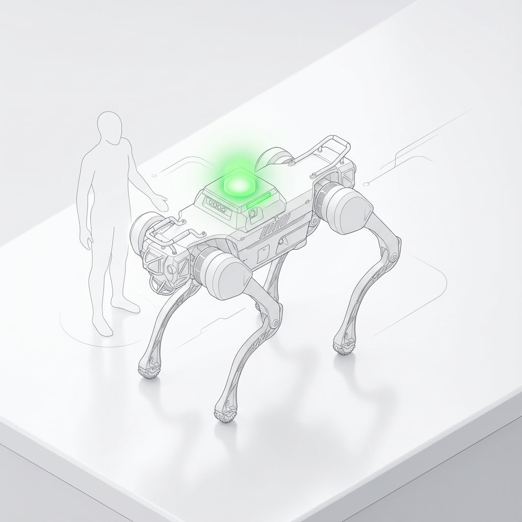 A DEEP Robotics X30 Pro quadruped robot with a glowing green light on its back interacts with a human operator, demonstrating smart light interaction for status communication and emphasizing safe human-robot collaboration in industrial environments. The robot features fusion perception and autonomous collision avoidance for enhanced safety.