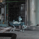 DEEP Robotics X30 Pro quadruped robot performing autonomous industrial inspection in a factory setting. The robot is equipped with an HD camera and an acoustic camera for detecting leaks and anomalies, utilizing advanced navigation systems like LiDAR for precise localization and obstacle avoidance in complex and potentially hazardous environments.