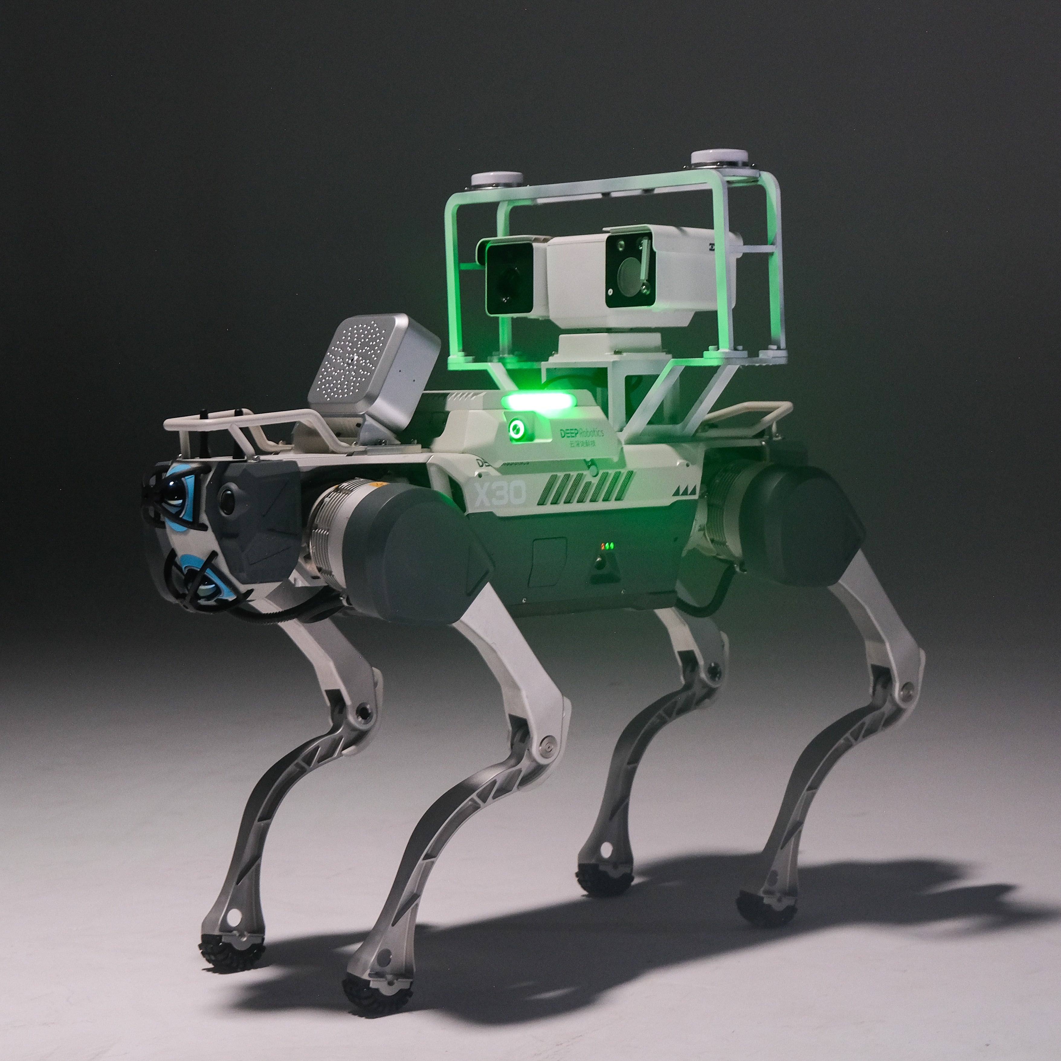 DEEP Robotics X30 Pro quadruped robot performing autonomous industrial inspection, equipped with an HD camera for visual data and an acoustic camera for detecting leaks and sound anomalies, demonstrating advanced navigation and sensing capabilities in complex environments.
