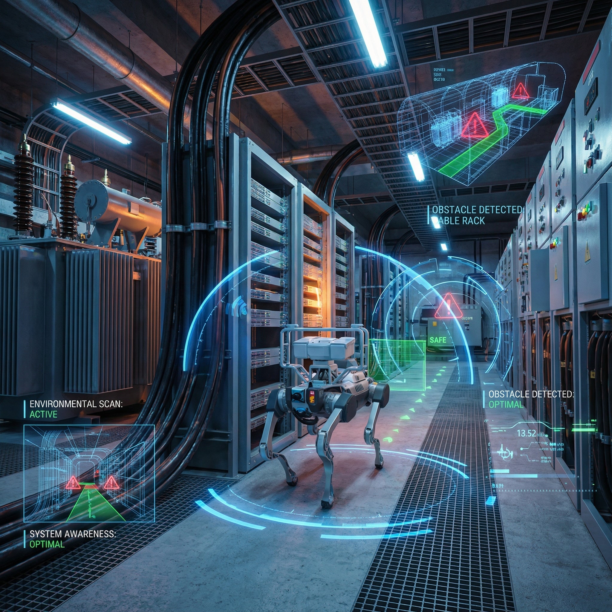 A DEEP Robotics X30 Pro quadruped robot autonomously scans and inspects a server room or industrial facility, displaying holographic data overlays for environmental monitoring, obstacle detection, and system awareness. The robot utilizes AI, LiDAR, and multi-sensor fusion for real-time analysis and predictive maintenance in this complex, high-tech environment, demonstrating its IP67 rugged design.