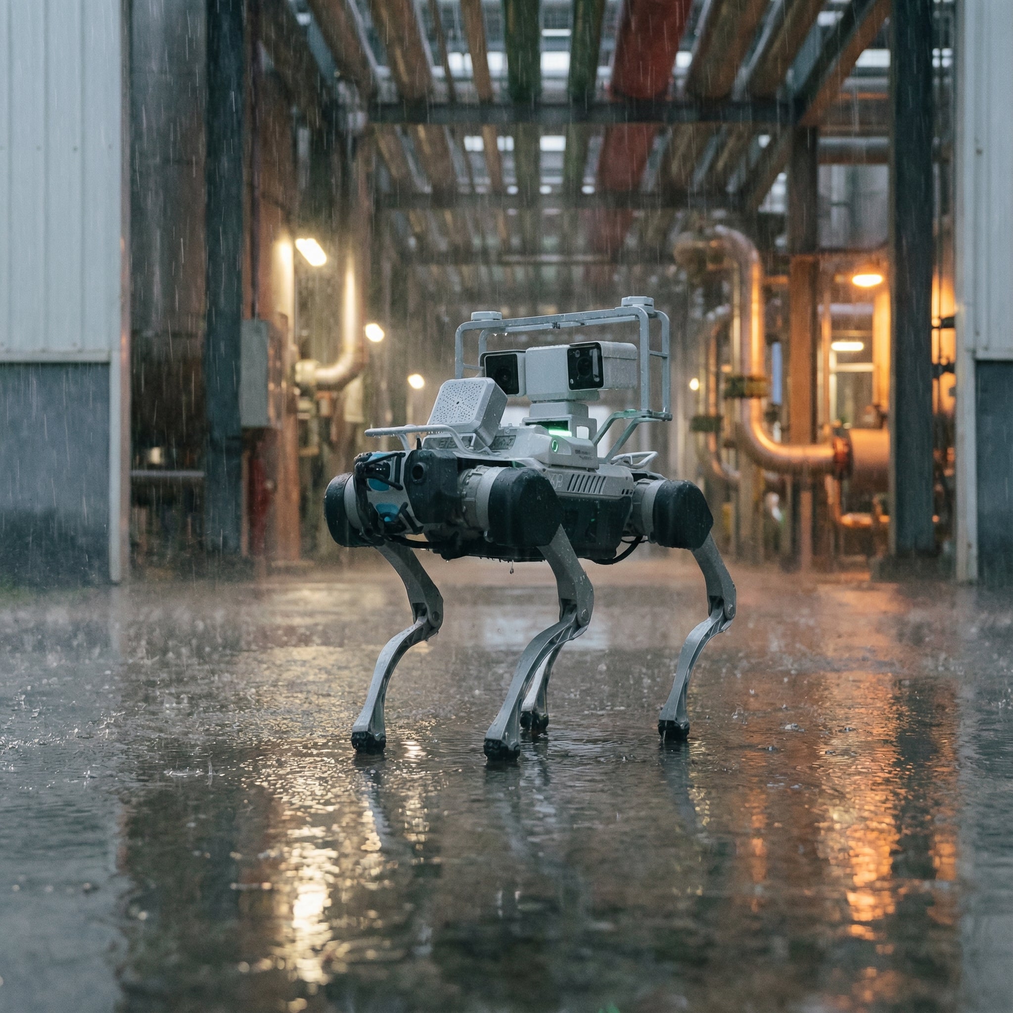 DEEP Robotics X30 Pro quadruped robot, IP67 rated, performing autonomous industrial inspection in heavy rain within an industrial facility. The robot, equipped with advanced sensors including cameras and LiDAR, demonstrates its all-terrain mobility and rugged design for hazardous environments.