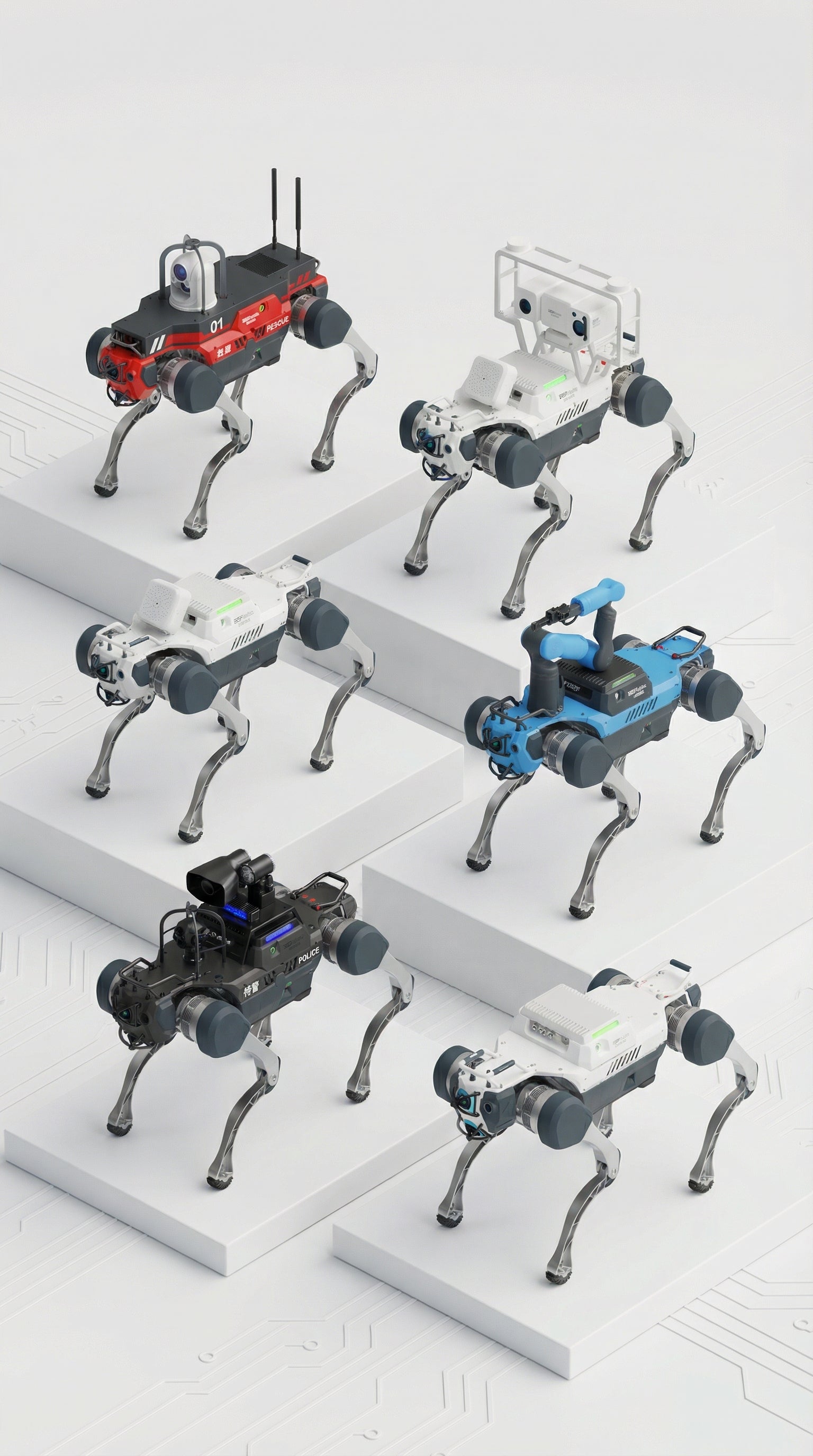 A lineup of six DEEP Robotics X30 Pro quadruped robots, each equipped with different modules for industrial applications. The robots are designed for inspection, security, surveillance, and search and rescue missions, featuring advanced sensors like LiDAR and cameras, IP67 protection, and autonomous navigation capabilities for complex and hazardous environments.