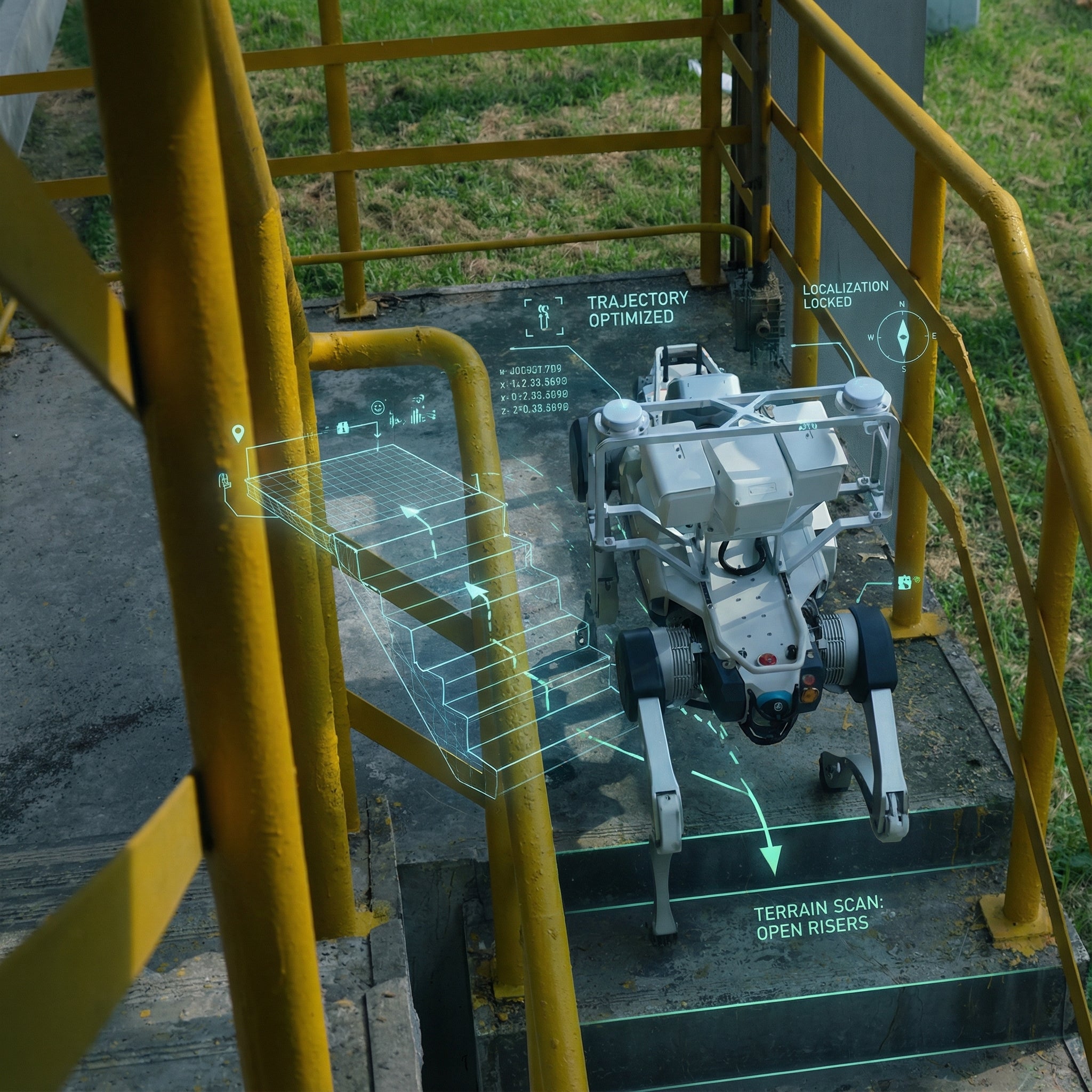 A DEEP Robotics X30 Pro quadruped robot, designed for industrial inspection, autonomously navigates a concrete staircase. Holographic overlays show 'TRAJECTORY OPTIMIZED', 'LOCALIZATION LOCKED', and 'TERRAIN SCAN: OPEN RISERS', indicating real-time multi-sensor fusion, LiDAR-based 3D mapping, and advanced autonomous navigation capabilities in complex, uneven environments.