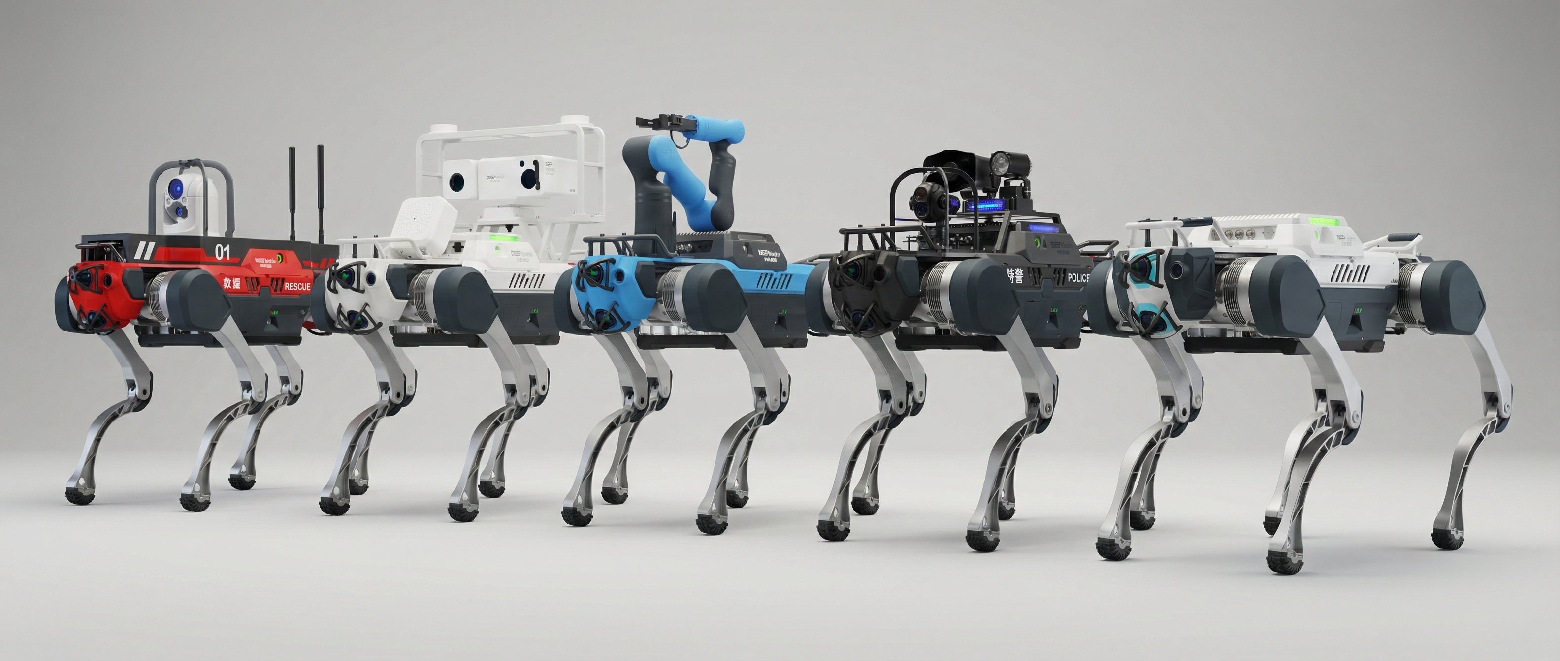 A line of DEEP Robotics X30 Pro quadruped robots showcasing various industrial and public safety applications. 