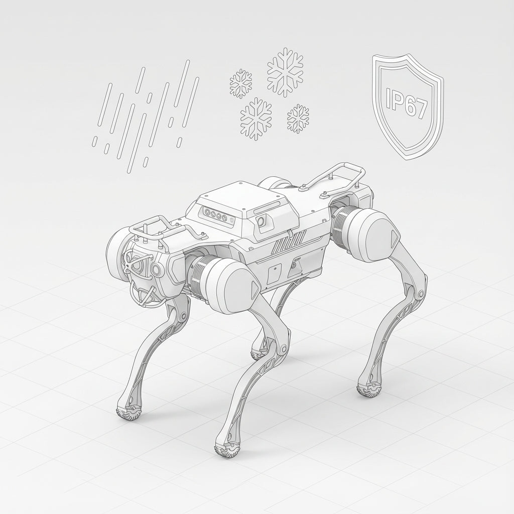 DEEP Robotics X30 Pro quadruped robot, a line drawing illustration, highlighting its IP67 protection against water and dust, and its capability to operate reliably in extreme conditions including rain, snow, and freezing temperatures for industrial inspection and hazardous environments.