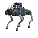 A dark green DEEP Robotics X30 Pro quadruped robot, also known as a robotic dog, equipped for public security and police operations. It features a mounted camera gimbal, spotlight, and loudspeaker, designed for surveillance, reconnaissance, and hazardous environment inspection, showcasing advanced AI navigation and all-terrain mobility with IP67 protection.