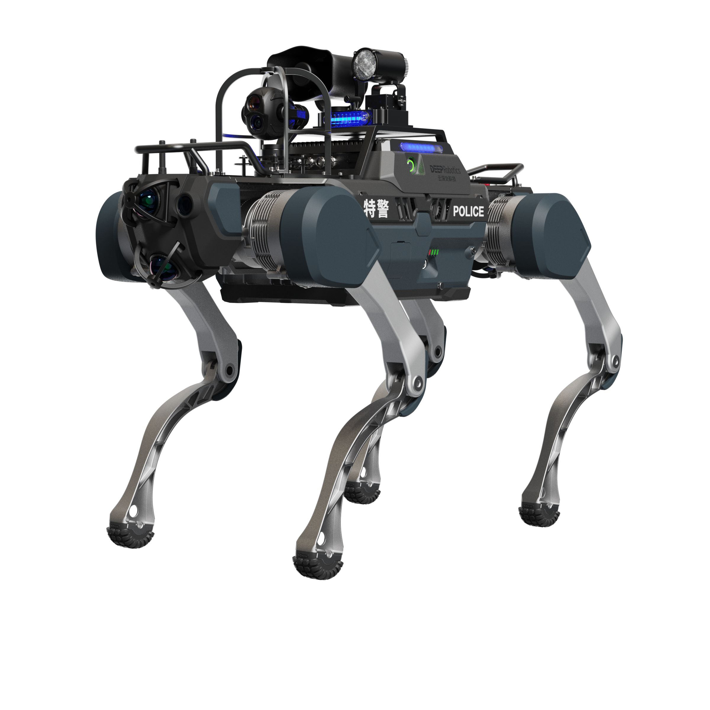 A dark green DEEP Robotics X30 Pro quadruped robot, also known as a robotic dog, equipped for public security and police operations. It features a mounted camera gimbal, spotlight, and loudspeaker, designed for surveillance, reconnaissance, and hazardous environment inspection, showcasing advanced AI navigation and all-terrain mobility with IP67 protection.