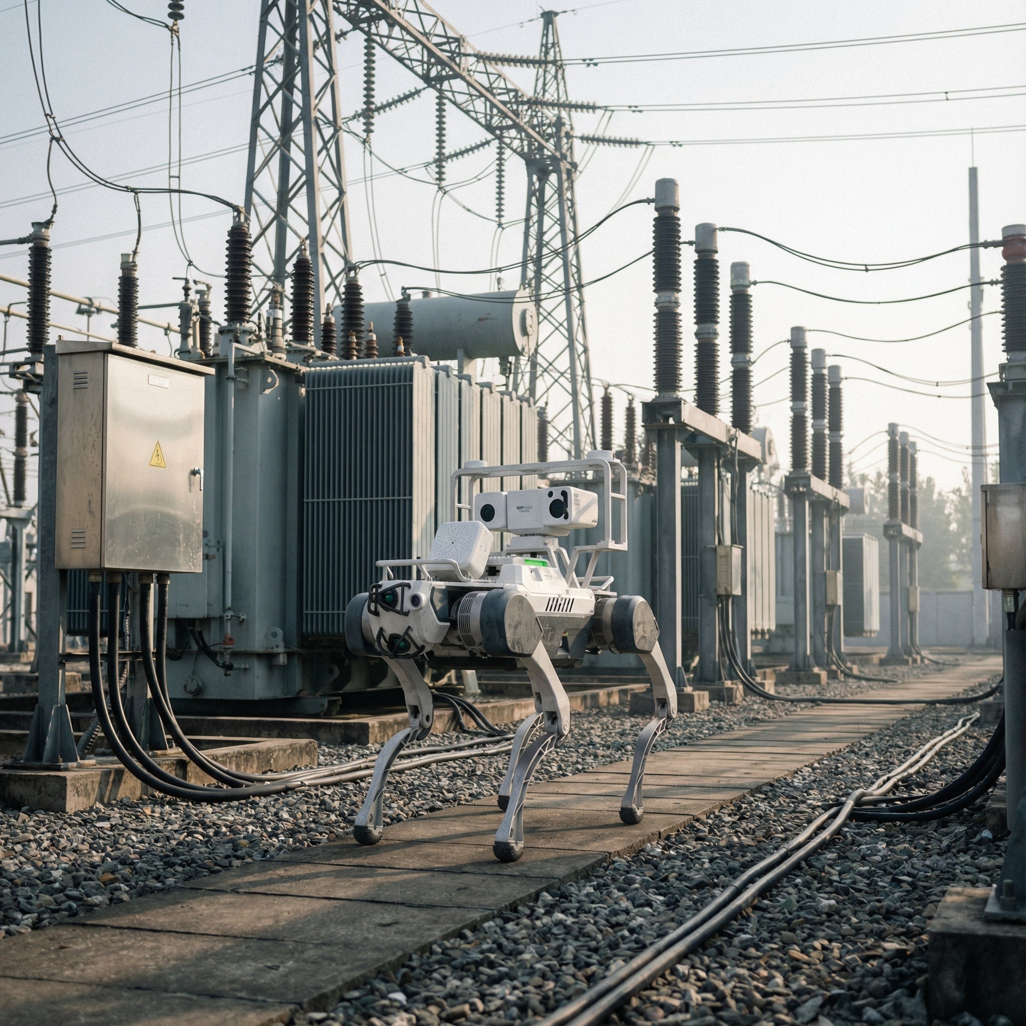 A DEEP Robotics X30 Pro quadruped robot autonomously inspecting equipment in a power substation. The industrial robot utilizes advanced sensors like LiDAR and thermal cameras for predictive maintenance and monitoring in hazardous, high-voltage environments, enhancing safety and efficiency.