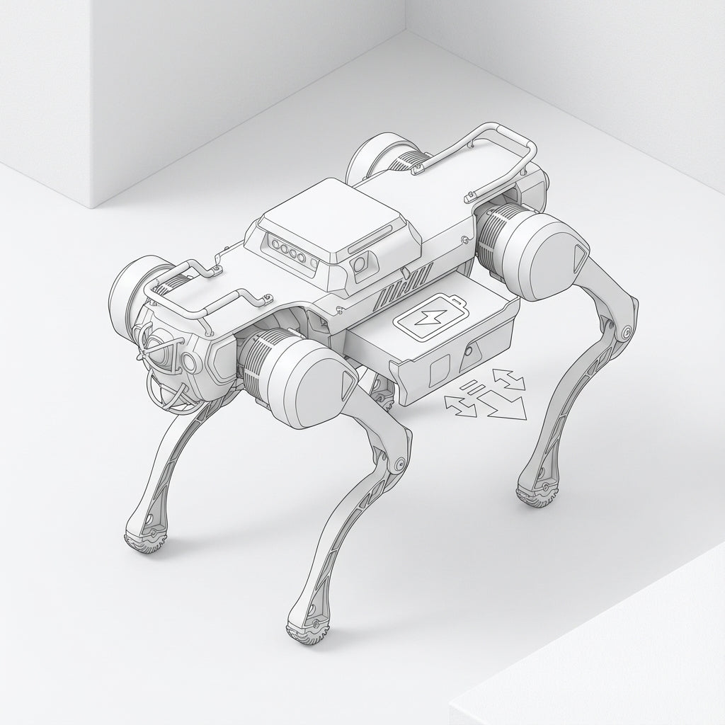 A DEEP Robotics X30 Pro quadruped robot showcasing its quick-release battery swap feature, with a battery pack being inserted or removed, indicated by arrows. This industrial robot is designed for extended endurance and rapid turnaround in demanding environments, crucial for continuous operations like inspection, security, and rescue missions.