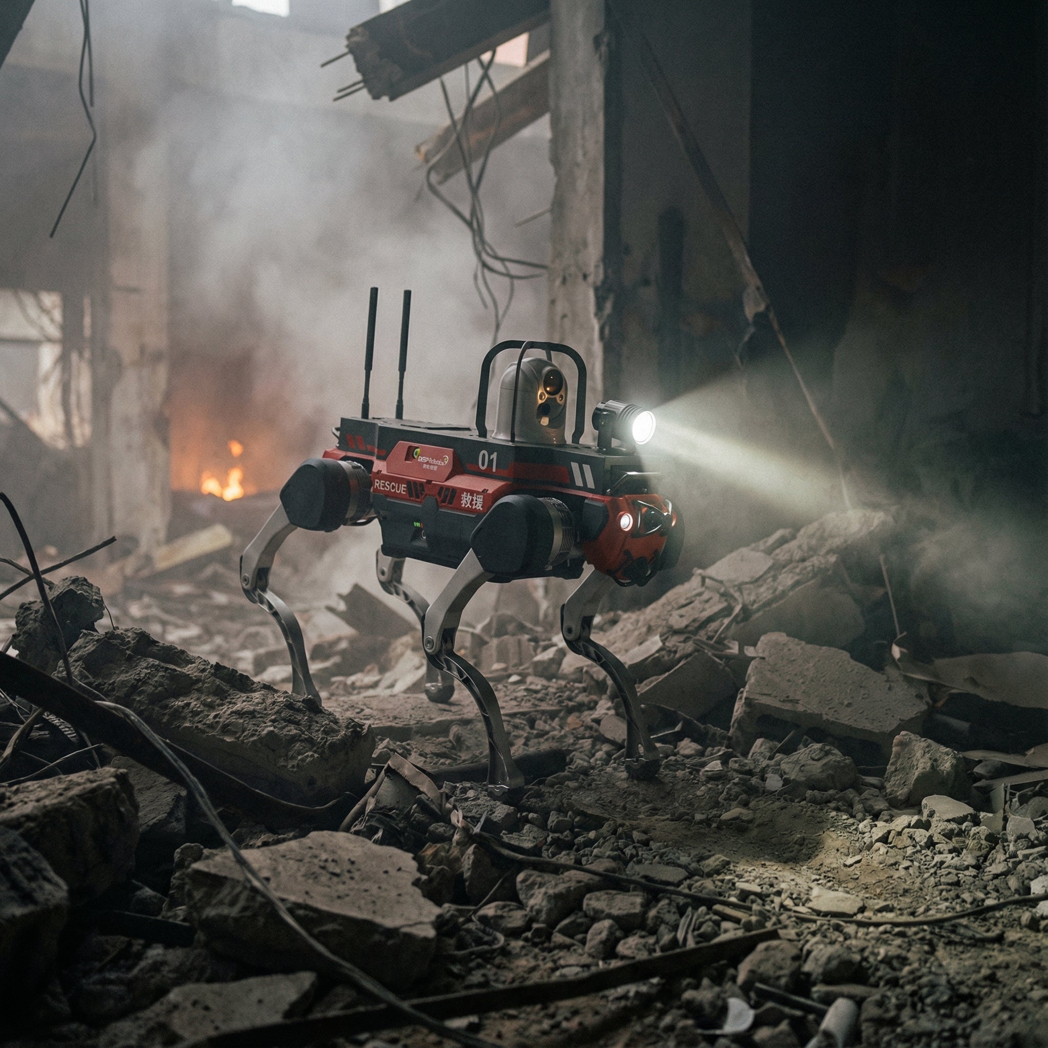 A DEEP Robotics X30 Pro quadruped robot, colored red and black, with a bright spotlight and a camera, navigates through a smoky, rubble-strewn disaster zone with fire in the background. The robot is designed for search and rescue operations in hazardous environments.