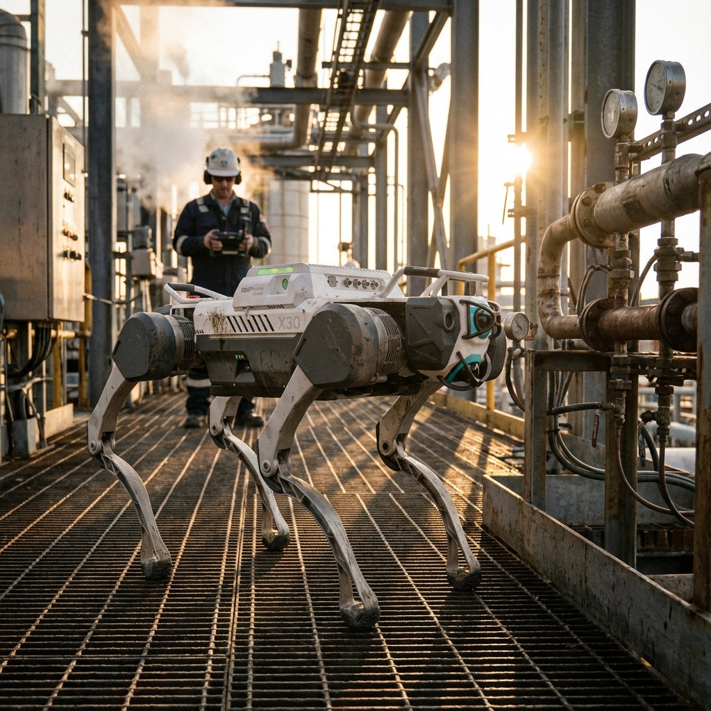 DEEP Robotics X30 quadruped robot traversing a metal grate platform in a sprawling industrial plant, operated remotely by a technician in the background. The rugged robot is designed for autonomous inspection and surveillance in challenging industrial environments.