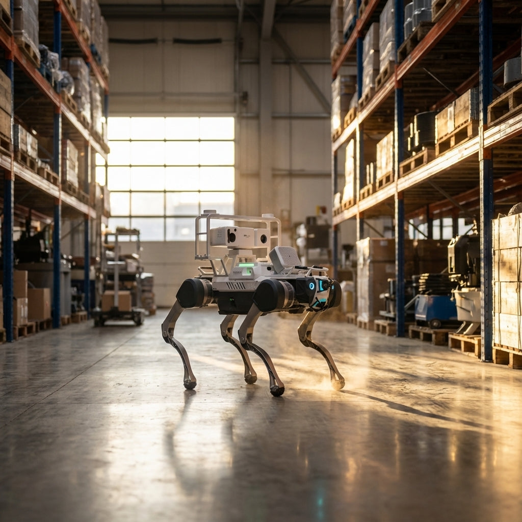 DEEP Robotics X30 quadruped robot performing an autonomous inspection in a spacious industrial warehouse, equipped with advanced sensors for efficient monitoring among tall storage racks under golden hour light.