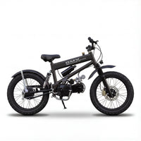 A dark grey DMV electric mountain bike with full suspension, knobby off-road tires, and disc brakes, designed for trail riding and adventure. The bike features a visible motor and a sleek frame, indicating its powerful electric assist capabilities for various terrains.