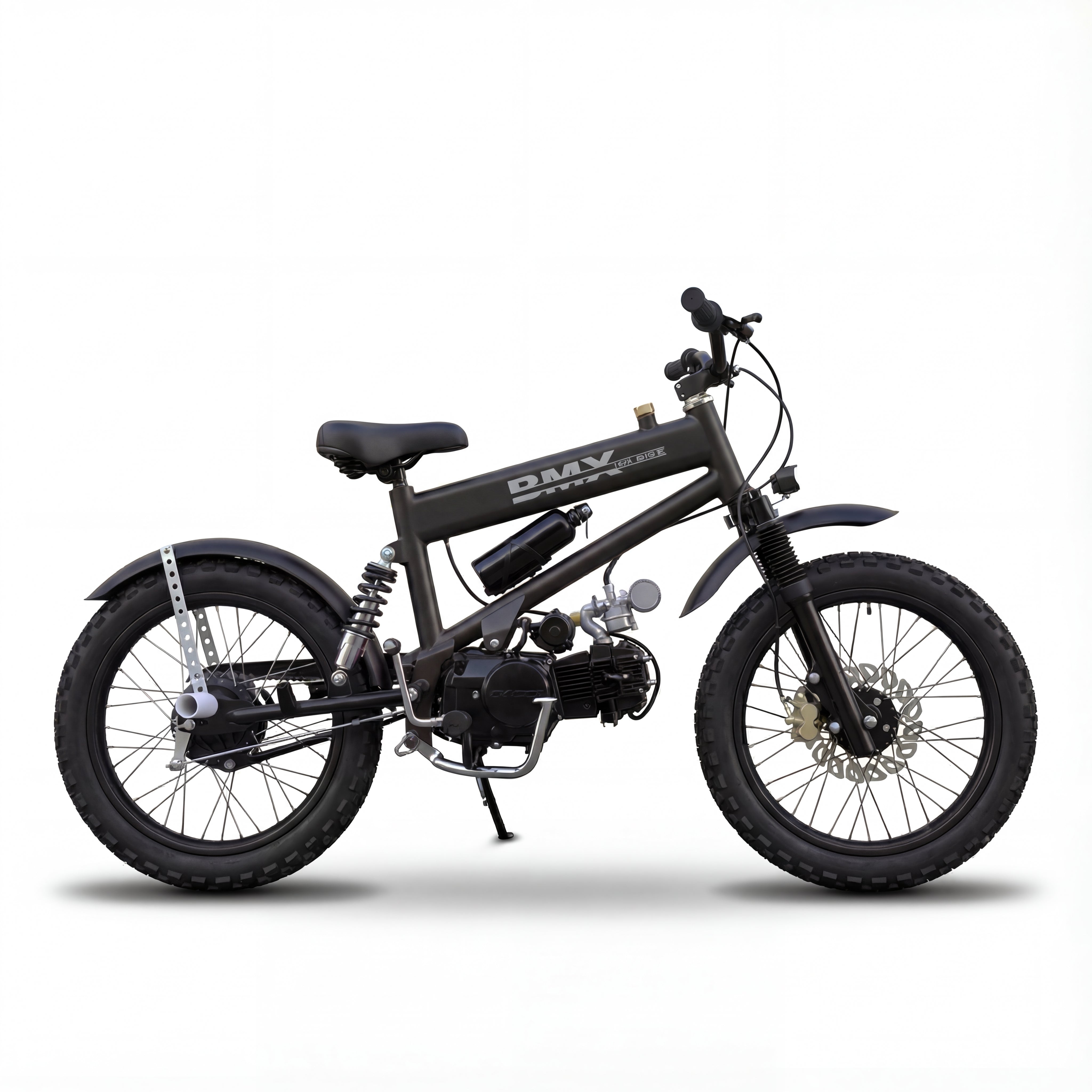 A dark grey DMV electric mountain bike with full suspension, knobby off-road tires, and disc brakes, designed for trail riding and adventure. The bike features a visible motor and a sleek frame, indicating its powerful electric assist capabilities for various terrains.