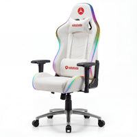 Oakshade white LED gaming chair with customizable RGB lighting, ergonomic design, adjustable lumbar and headrest pillows, and a racing-style aesthetic, ideal for long gaming sessions and streaming.