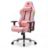 Oakshade pink LED gaming chair with vibrant RGB lighting, featuring an ergonomic design, adjustable armrests, a headrest pillow, and lumbar support pillow. This chair is ideal for gamers, streamers, and office workers seeking enhanced comfort and customizable ambiance during extended sessions.