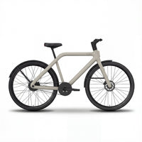 A sleek, light grey TASOW electric commuter bike, featuring a quiet and low-maintenance belt drive system, powerful hydraulic disc brakes, and integrated lights. This urban e-bike is designed with a minimalist frame and a rear hub motor, making it ideal for efficient city riding and daily commutes.
