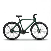 A dark green TASOW e-bike, designed for urban commuting, featuring a low-maintenance belt drive system, front and rear disc brakes for reliable stopping, and integrated fenders. The sleek frame suggests an integrated battery, making it ideal for modern city travel.