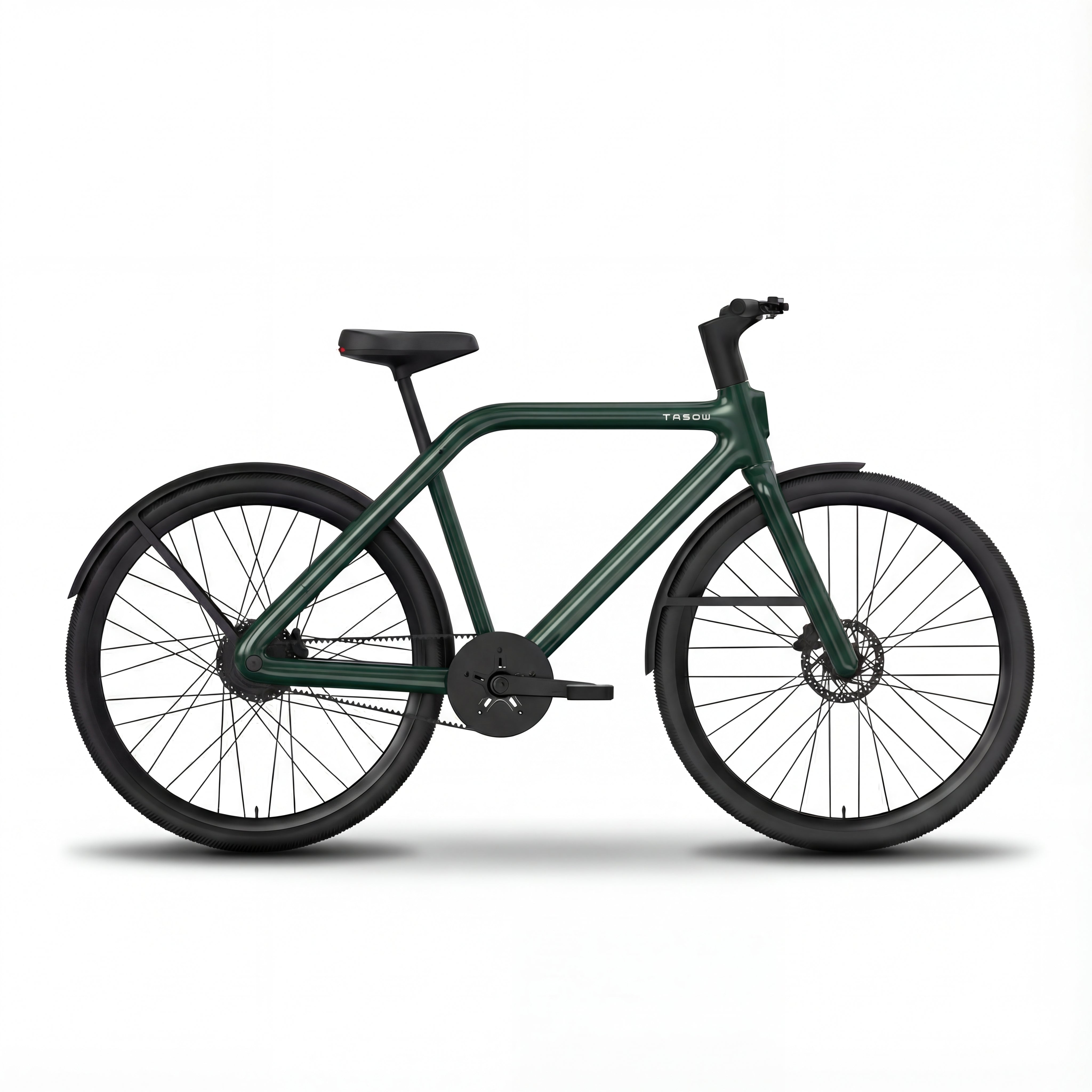 A dark green TASOW e-bike, designed for urban commuting, featuring a low-maintenance belt drive system, front and rear disc brakes for reliable stopping, and integrated fenders. The sleek frame suggests an integrated battery, making it ideal for modern city travel.