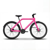 A vibrant pink TASOW e-bike designed for urban commuting, featuring a clean and quiet belt drive system, reliable disc brakes, and practical fenders. This stylish electric bicycle offers a low-maintenance and eco-friendly transportation solution for daily rides.