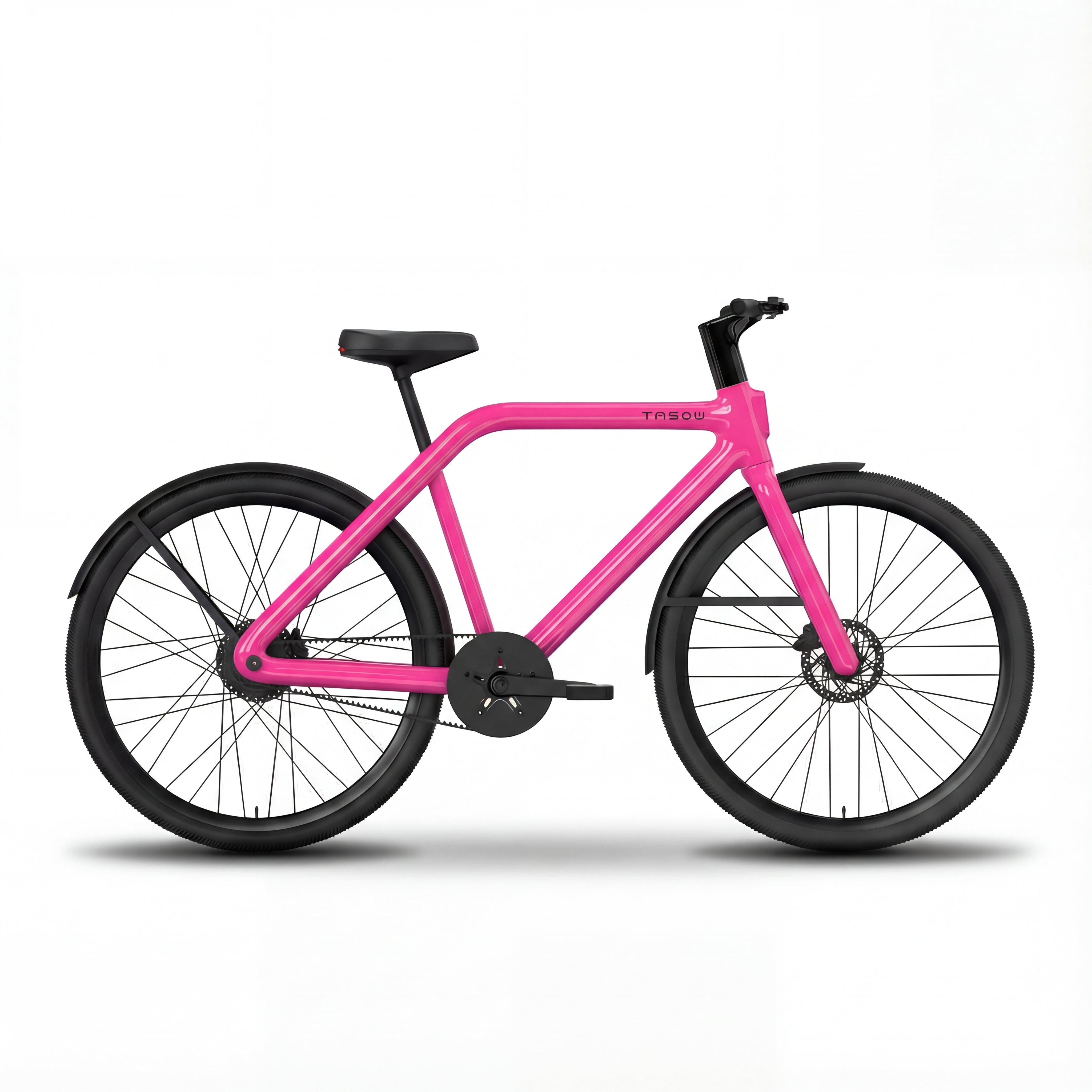 A vibrant pink TASOW e-bike designed for urban commuting, featuring a clean and quiet belt drive system, reliable disc brakes, and practical fenders. This stylish electric bicycle offers a low-maintenance and eco-friendly transportation solution for daily rides.