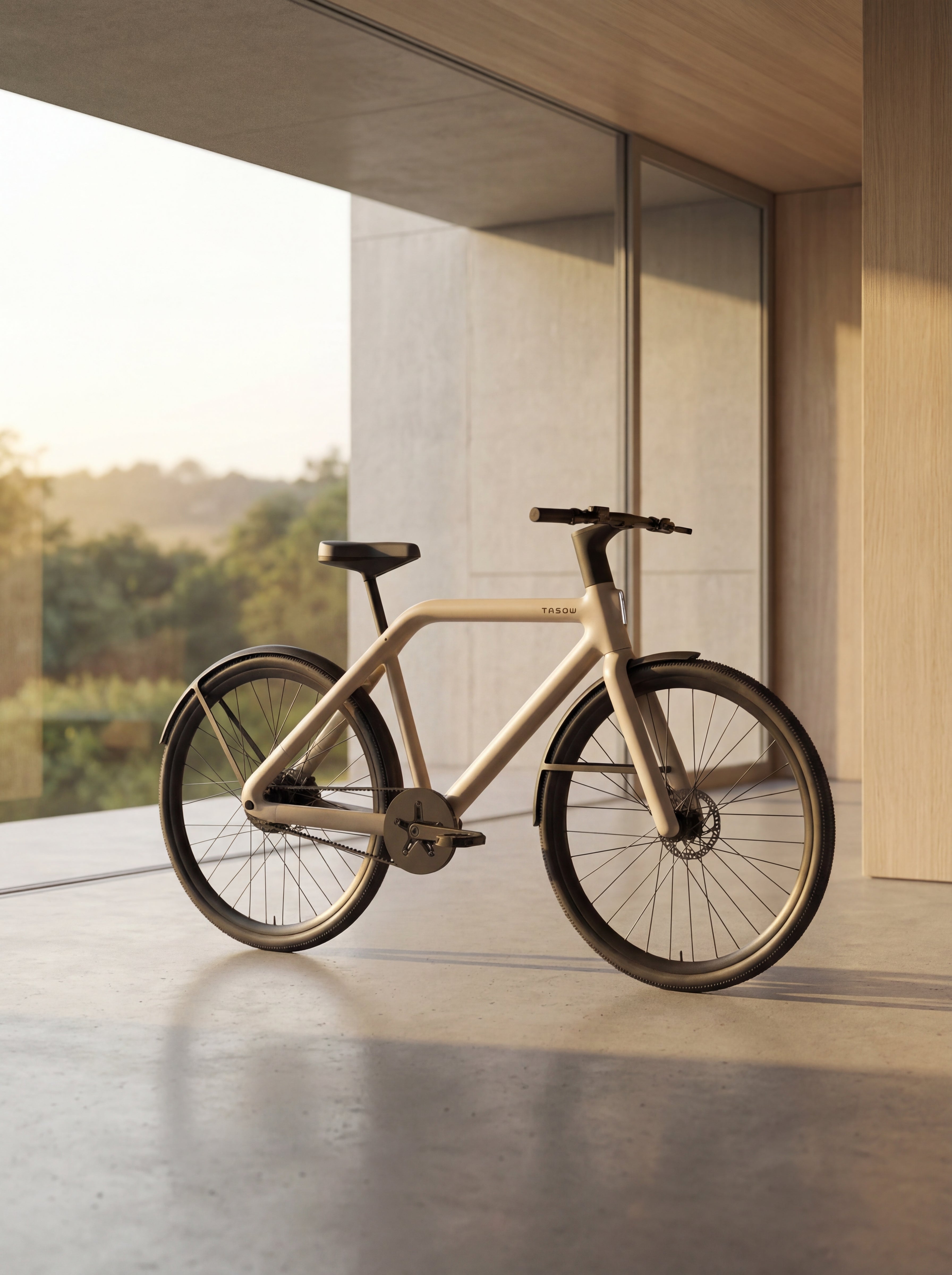 A light beige TASOW electric bike with a minimalist design, featuring a belt drive, disc brakes, and integrated battery, parked on a modern concrete patio with a lush green landscape in the background. This high-end urban commuter e-bike is designed for daily use, offering smart features like ultra-fast charging and an optimized electric pedal for a comfortable riding experience.
