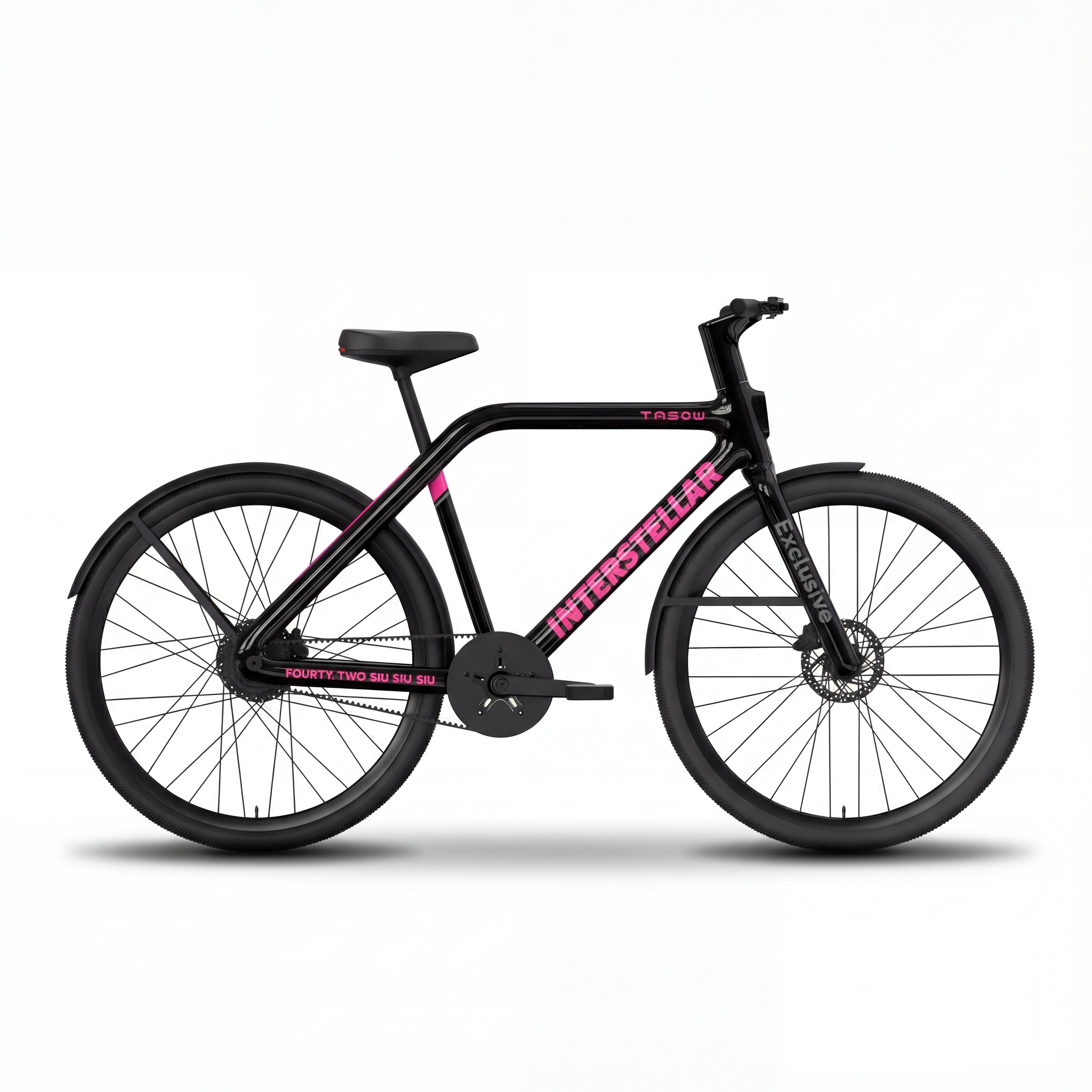 A TASOW Interstellar e-bike with a sleek black frame and vibrant pink accents, featuring a low-maintenance belt drive, powerful disc brakes, and fenders, designed for efficient and quiet urban commuting with smart features for modern mobility.
