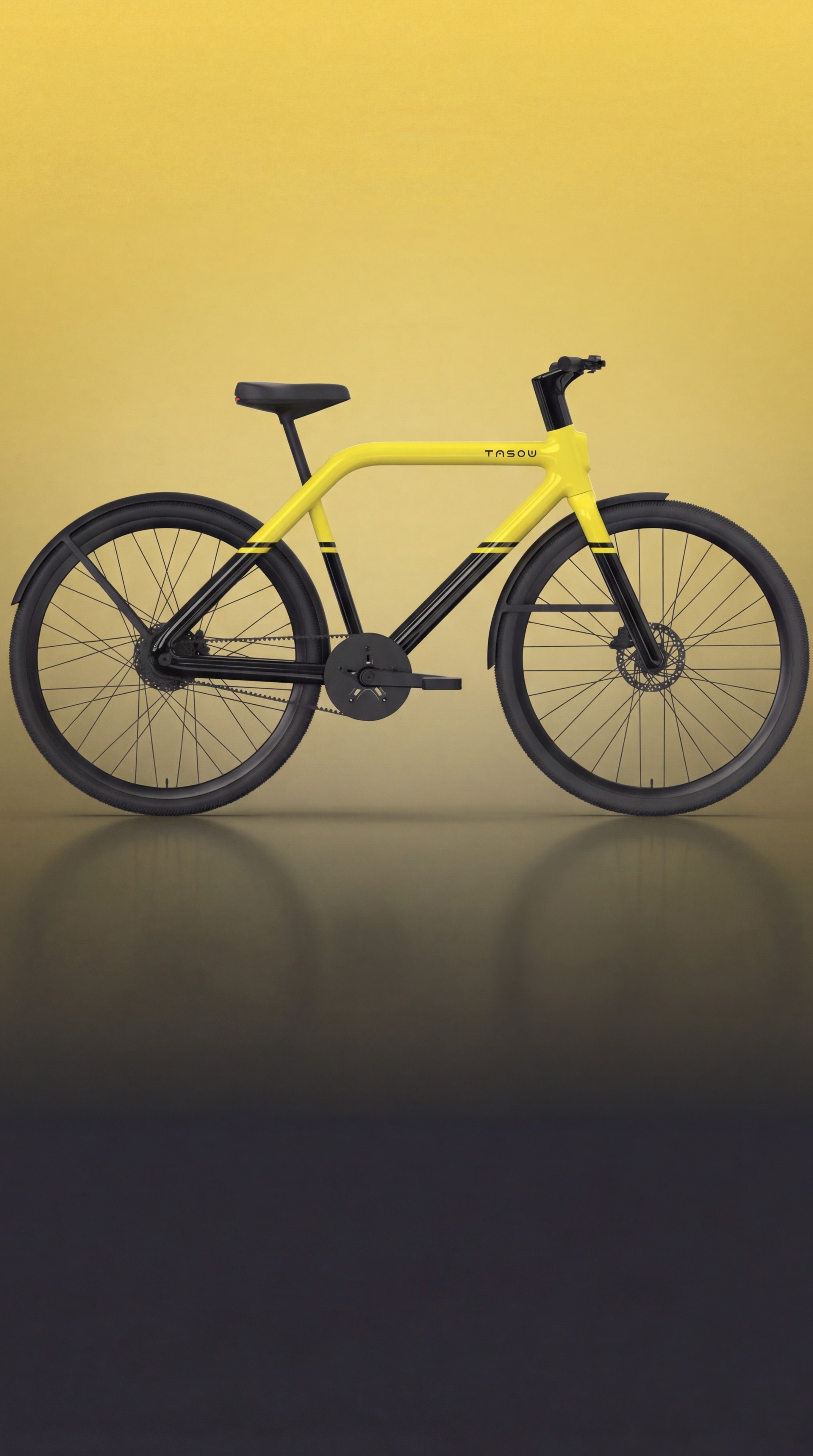 A bright yellow TASOW urban commuter e-bike with a sleek design, featuring a black belt drive, front and rear disc brakes, and fenders. The electric bicycle is designed for efficient city travel and daily commuting.