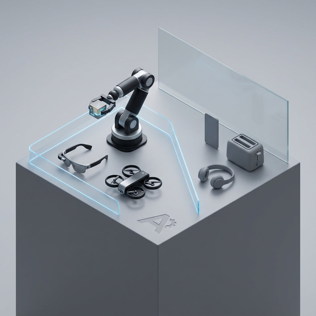 An isometric illustration for Warpix's partnership page, showcasing a diverse ecosystem of AI and IoT-powered technologies for suppliers and distributors. The image features an industrial robotic arm, augmented reality (AR) glasses, a commercial drone, a smartphone, headphones, and a smart toaster, all interconnected by glowing blue lines on a minimalist pedestal. 