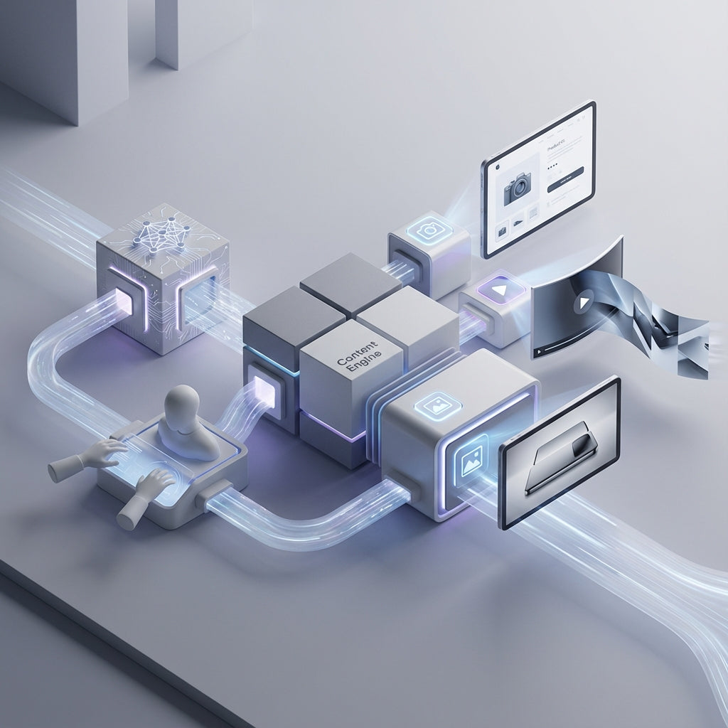 An abstract 3D illustration of the Warpix Content Engine, depicting a stylized human figure interacting with an input interface. Data streams flow into a central 'Content Engine' block and then branch out to various modules, representing digital asset management, content syndication, and distribution to screens displaying product information, video content, and image assets. 