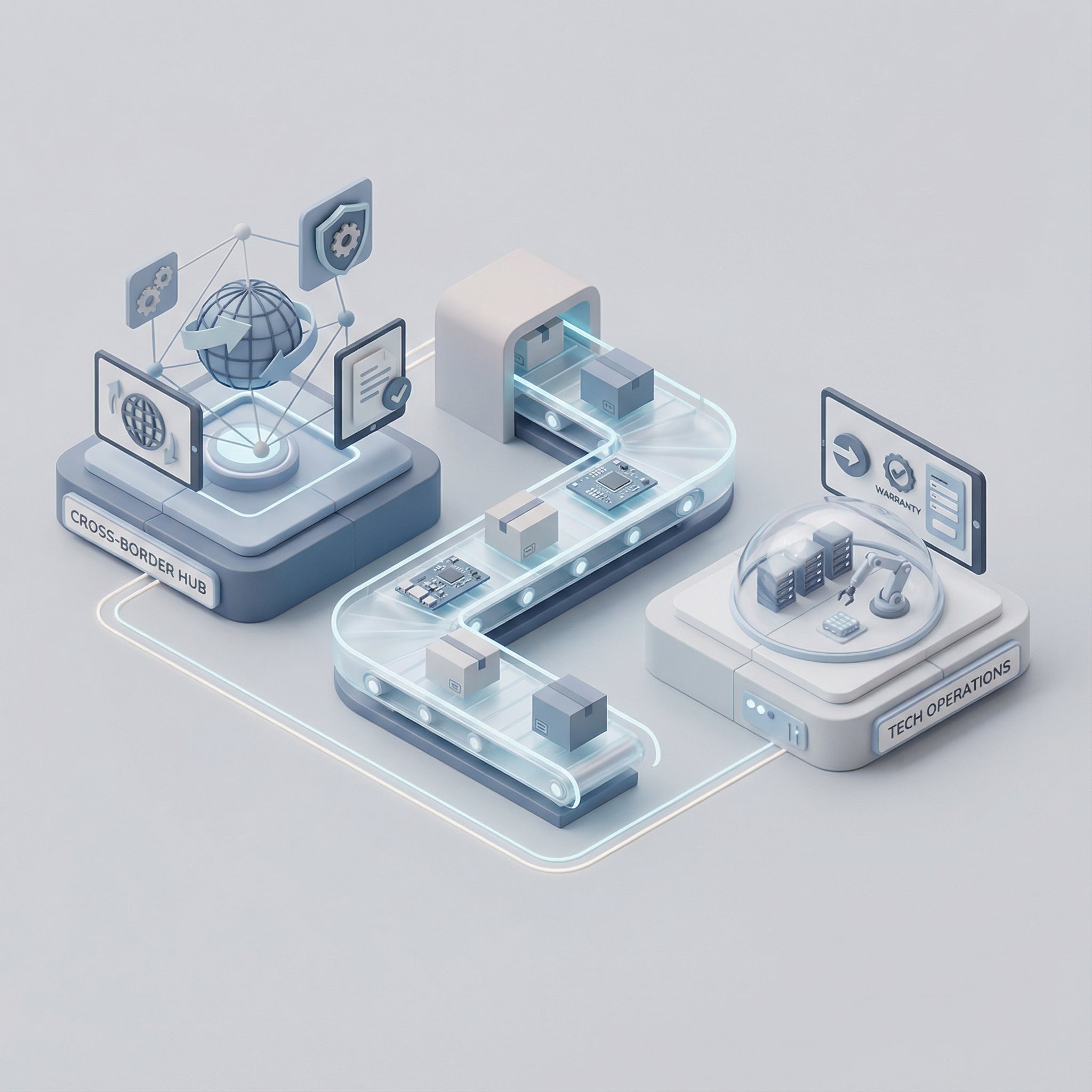 An isometric illustration for Warpix's partnership page, showcasing a digital cross-border logistics hub connected to tech operations via an automated conveyor belt system. 