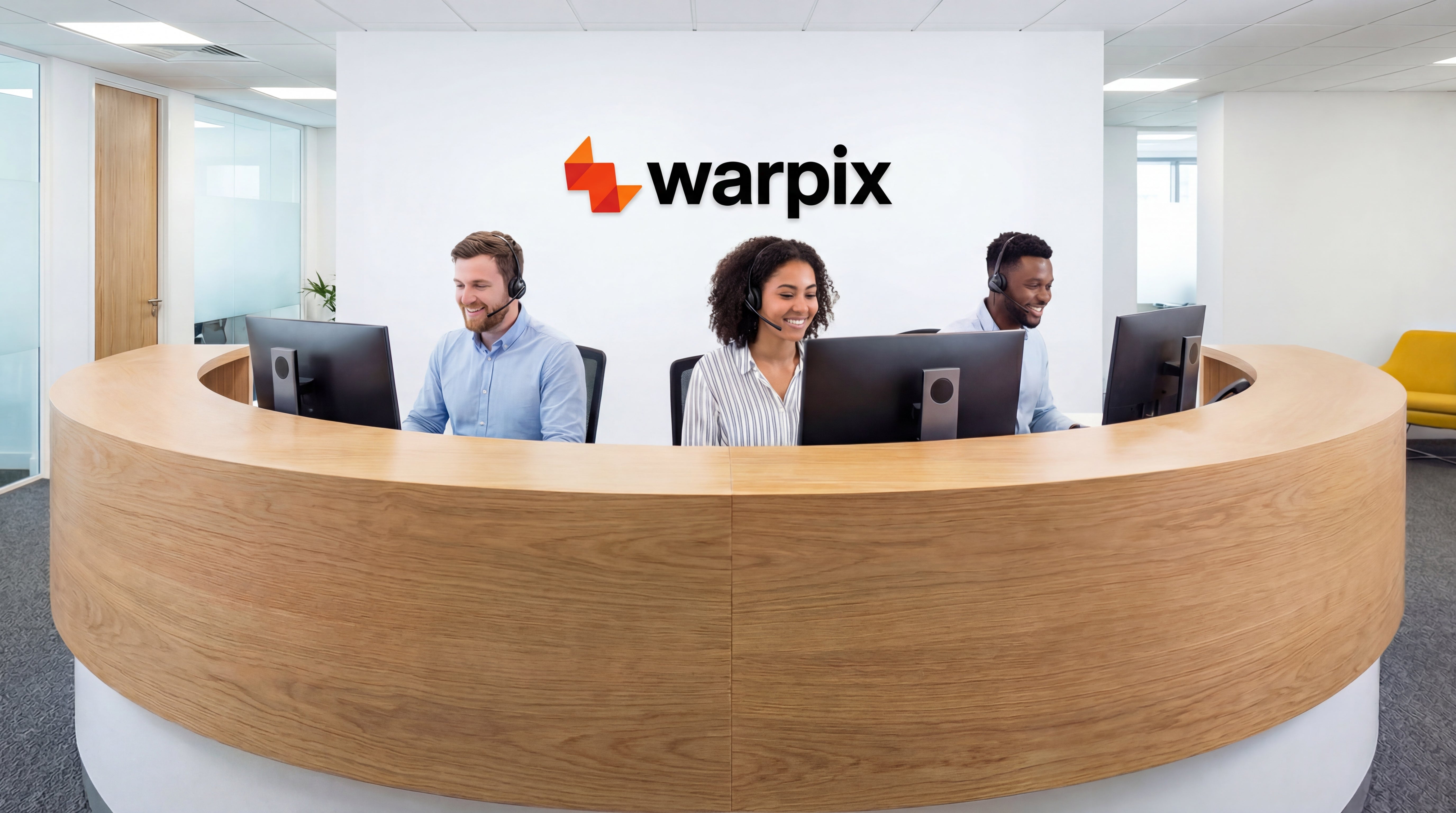 Three diverse customer service representatives wearing headsets are seated at a modern, curved wooden reception desk, actively engaging with customers. The Warpix customer support team provides dedicated assistance for their range of cutting-edge technology products, including robotics, drones, and e-bikes, emphasizing their customer-driven experience and after-sales service.